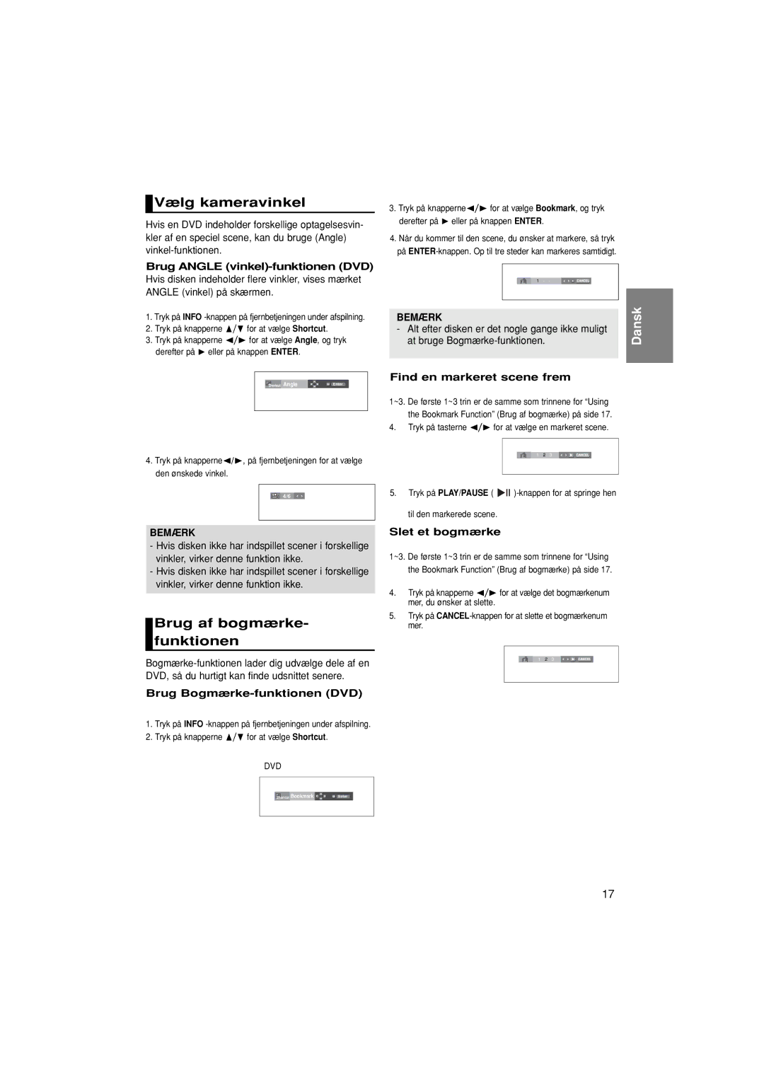 Samsung DVD-P380/XEE manual Vælg kameravinkel, Brug af bogmærke- funktionen 