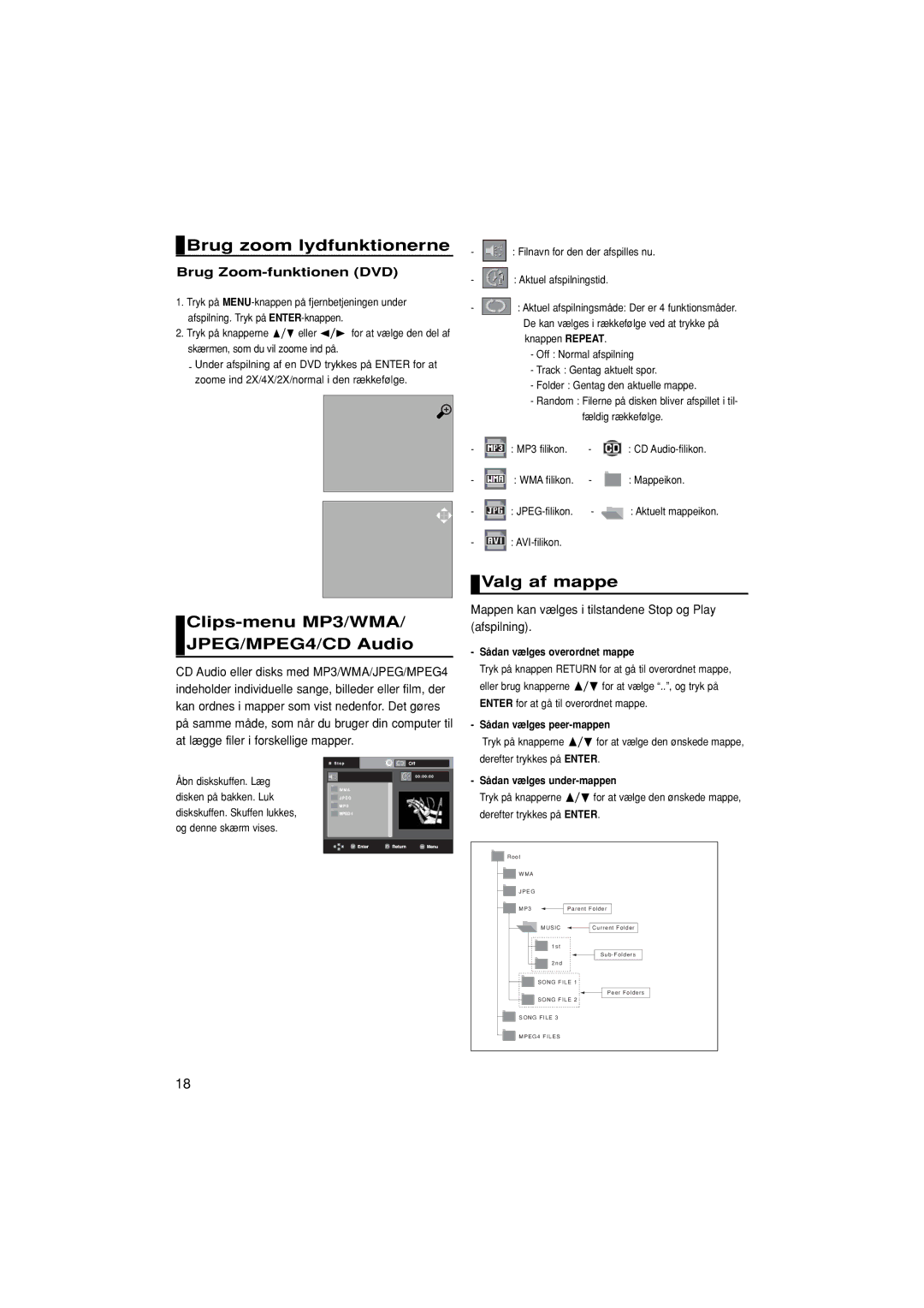 Samsung DVD-P380/XEE manual Brug zoom lydfunktionerne, Clips-menu MP3/WMA/ JPEG/MPEG4/CD Audio, Valg af mappe 