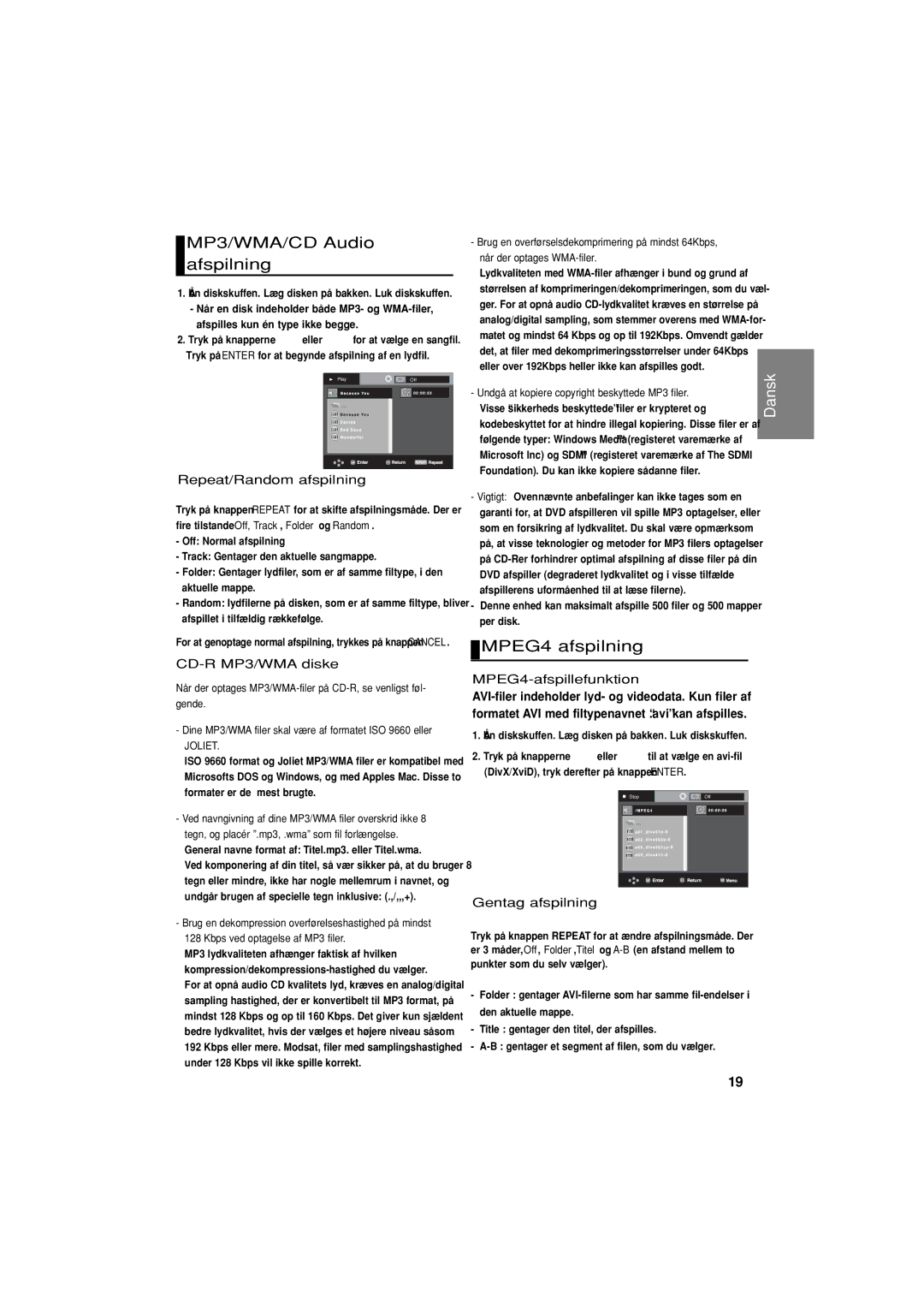 Samsung DVD-P380/XEE manual MP3/WMA/CD Audio afspilning, MPEG4 afspilning 