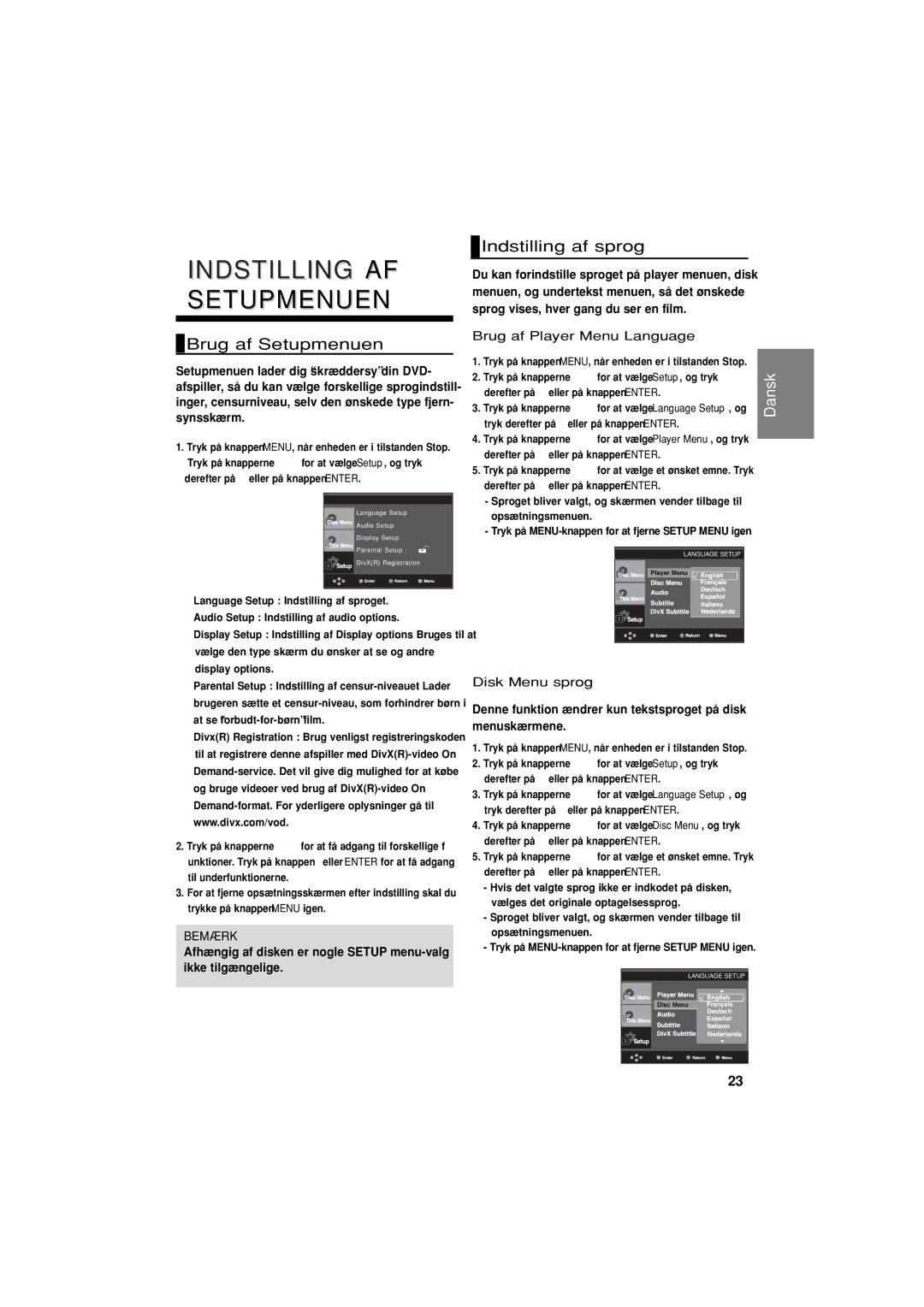 Samsung DVD-P380/XEE manual Brug af Setupmenuen, Indstilling af sprog, Brug af Player Menu Language, Disk Menu sprog 