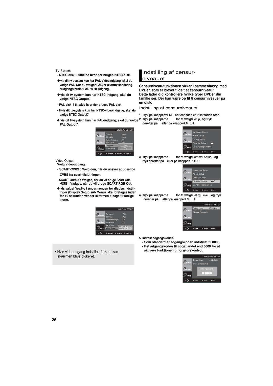 Samsung DVD-P380/XEE manual Indstilling af censur- niveauet, Indstilling af censurniveauet, ➏ Video Output 