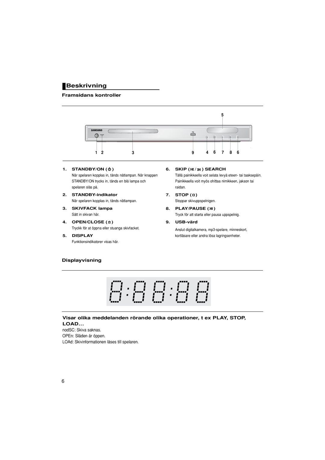 Samsung DVD-P380/XEE manual Beskrivning, Framsidans kontroller 