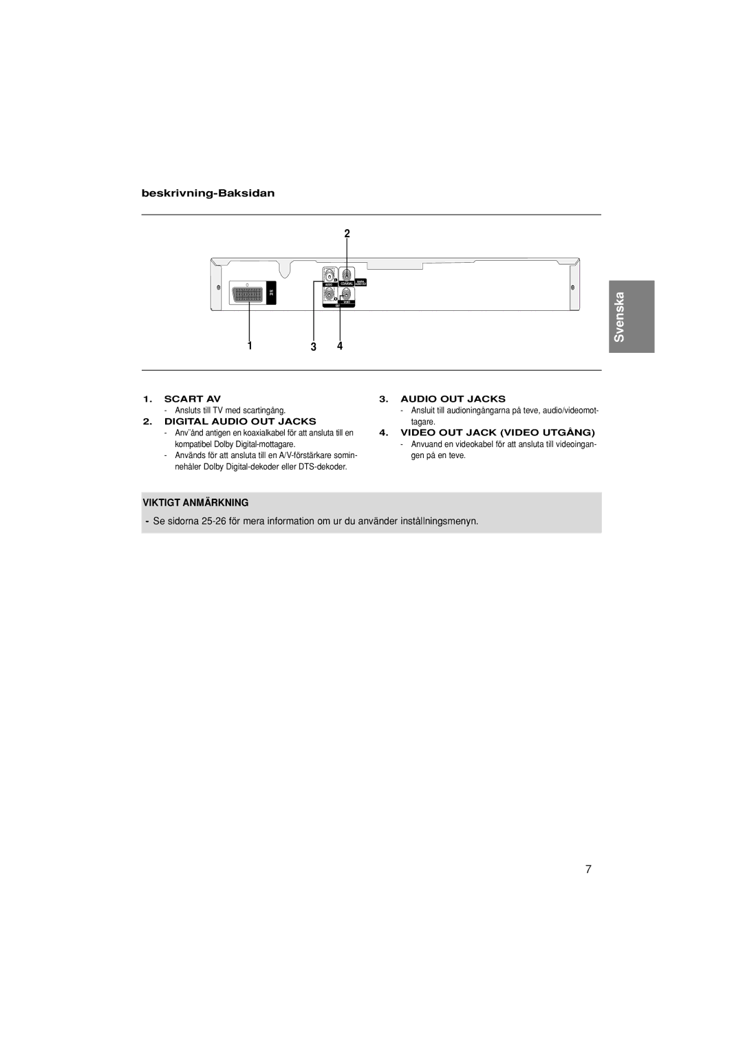 Samsung DVD-P380/XEE manual Beskrivning-Baksidan 