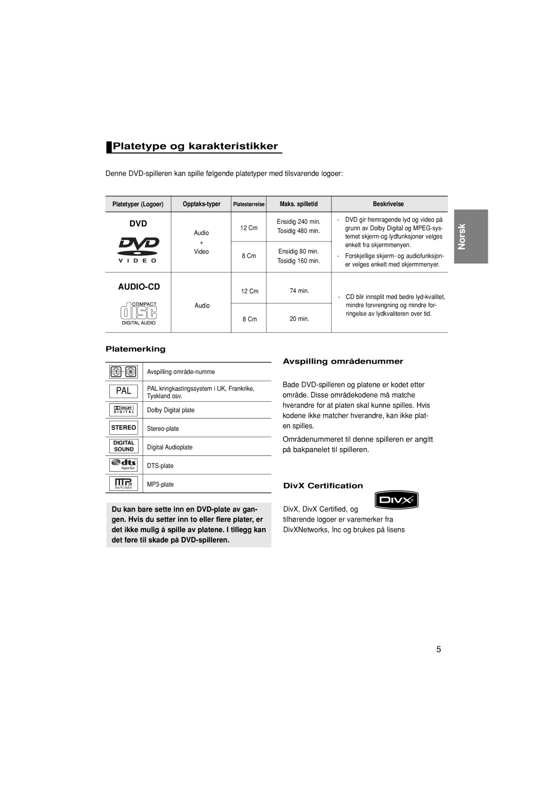 Samsung DVD-P380/XEE manual Platetype og karakteristikker, Platemerking, Avspilling områdenummer, DivX Certification 