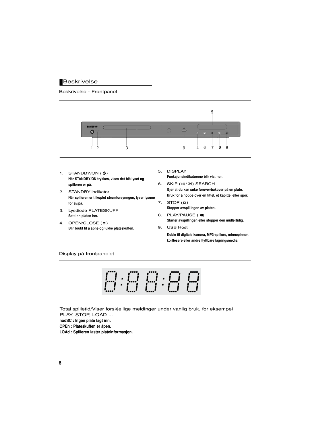 Samsung DVD-P380/XEE manual Beskrivelse Frontpanel, Lysdiode Plateskuff Sett inn platen her OPEN/CLOSE, USB Host 