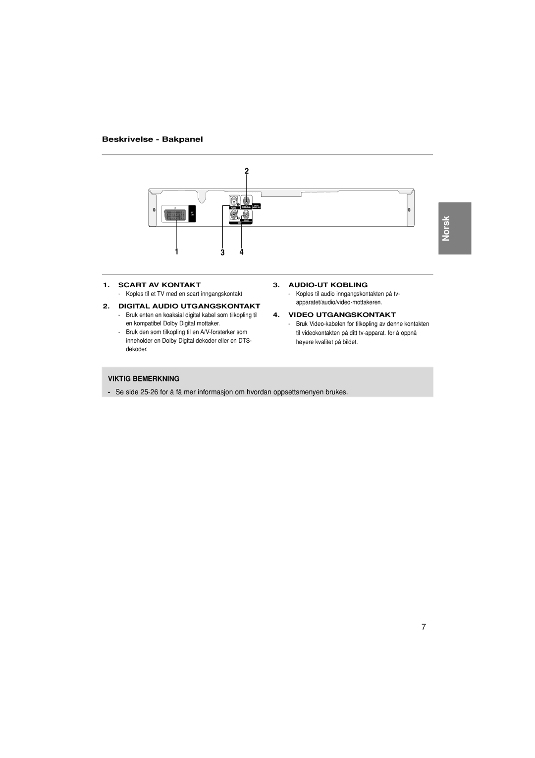 Samsung DVD-P380/XEE manual Beskrivelse Bakpanel, Koples til et TV med en scart inngangskontakt 