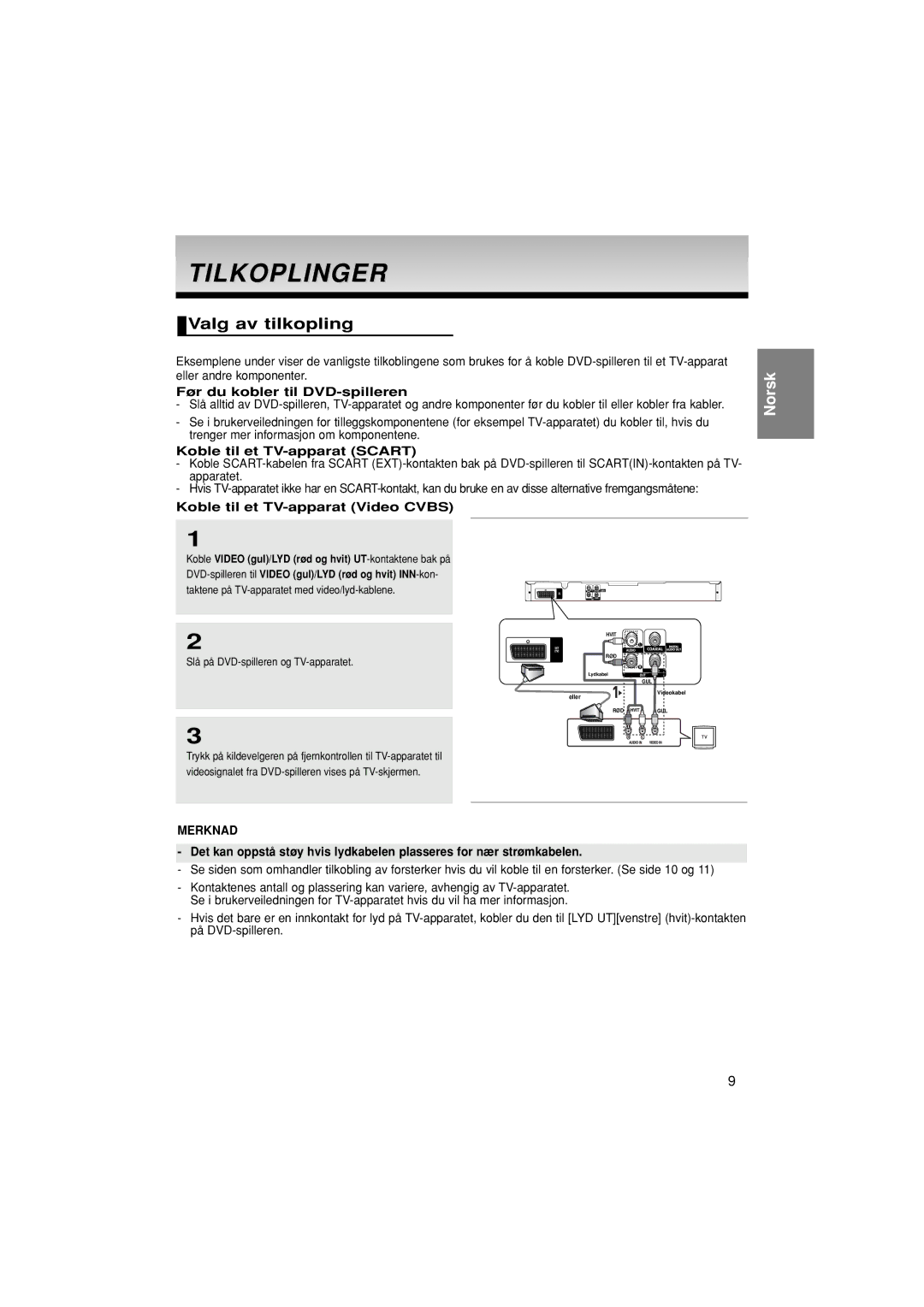 Samsung DVD-P380/XEE Tilkoplinger, Valg av tilkopling, Før du kobler til DVD-spilleren, Koble til et TV-apparat Scart 