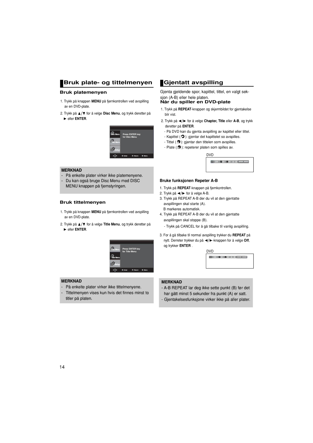 Samsung DVD-P380/XEE manual Bruk plate- og tittelmenyen, Gjentatt avspilling 