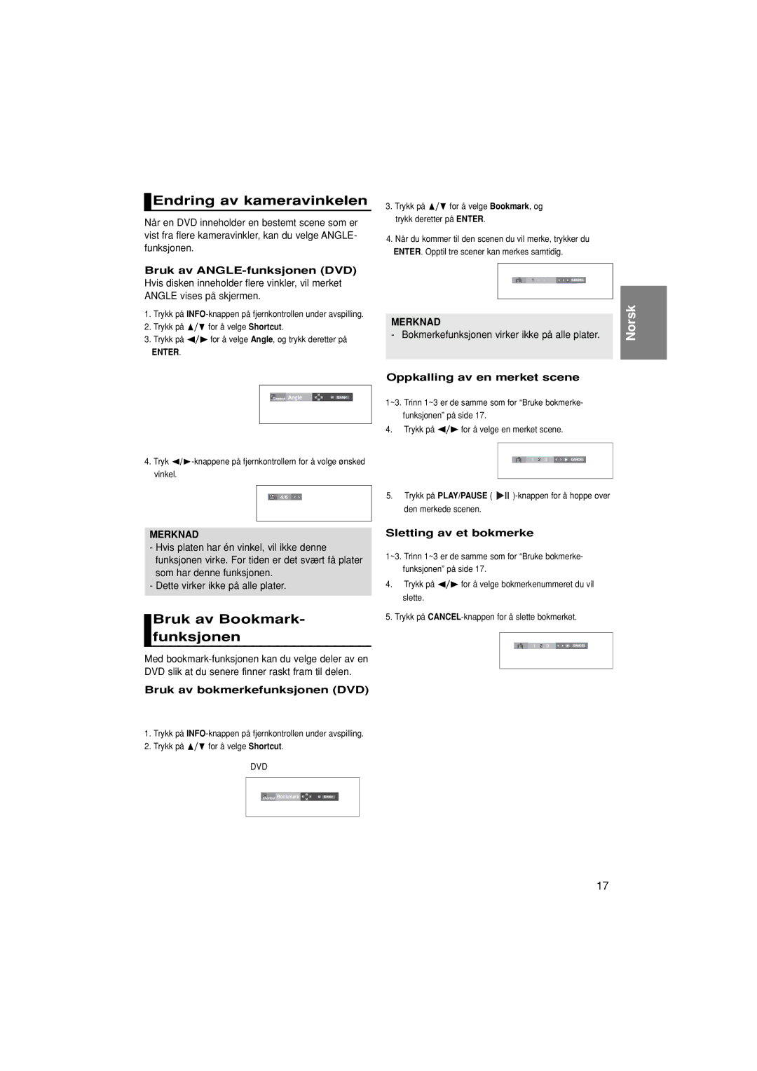 Samsung DVD-P380/XEE manual Endring av kameravinkelen, Bruk av Bookmark- funksjonen, Bruk av ANGLE-funksjonen DVD 