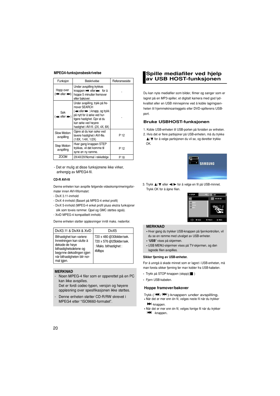 Samsung DVD-P380/XEE manual Spille mediafiler ved hjelp av USB HOST-funksjonen, MPEG4-funksjonsbeskrivelse 