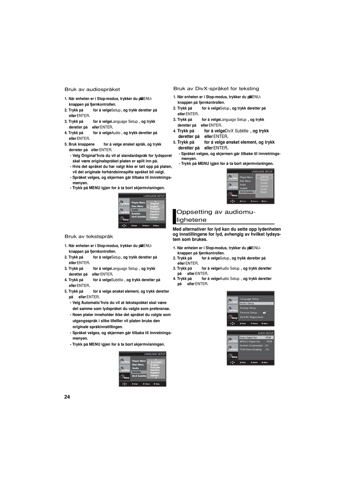 Samsung DVD-P380/XEE manual Oppsetting av audiomu- lighetene, Bruk av audiospråket, Bruk av tekstspråk 