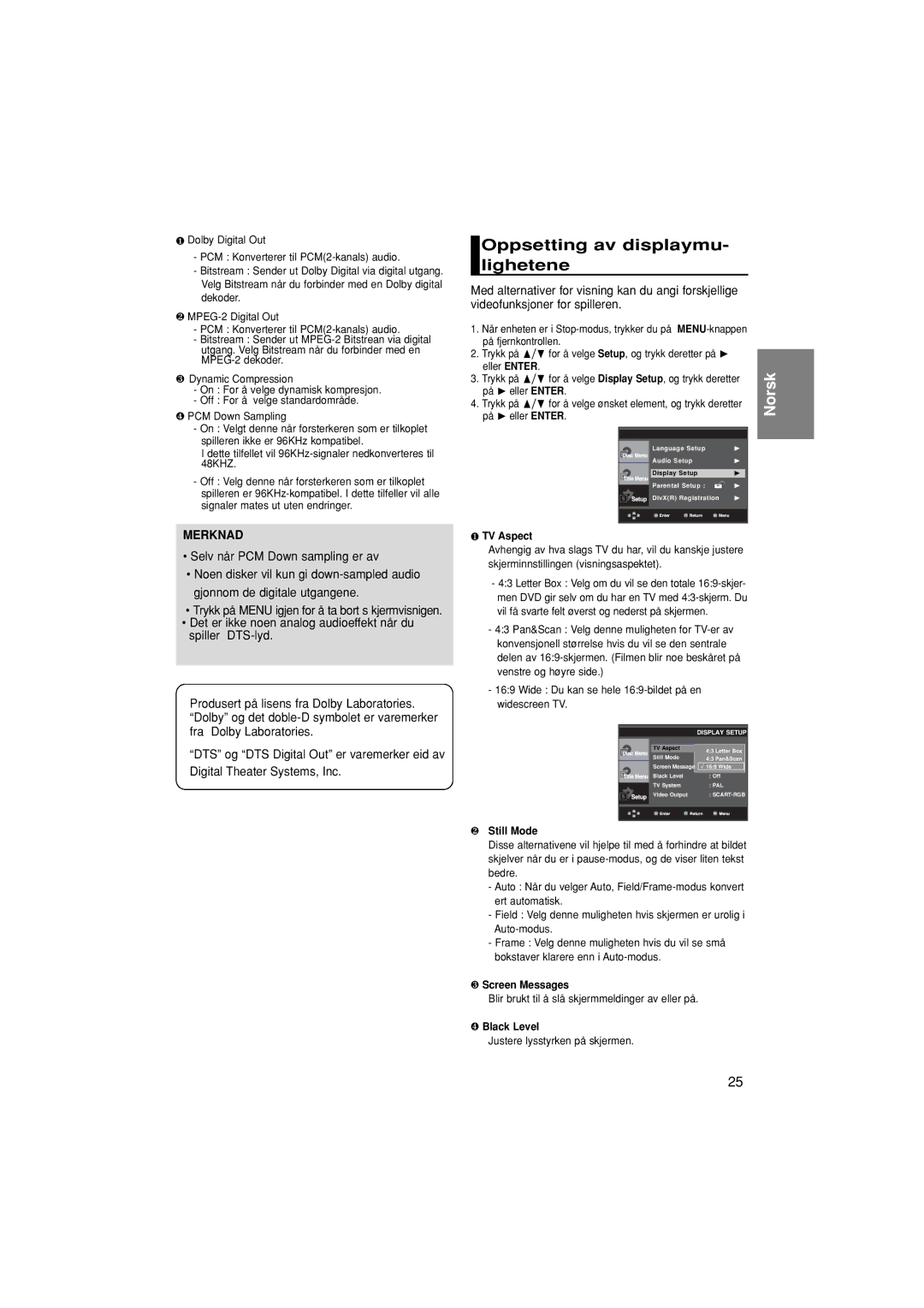 Samsung DVD-P380/XEE manual Oppsetting av displaymu- lighetene, Blir brukt til å slå skjermmeldinger av eller på 