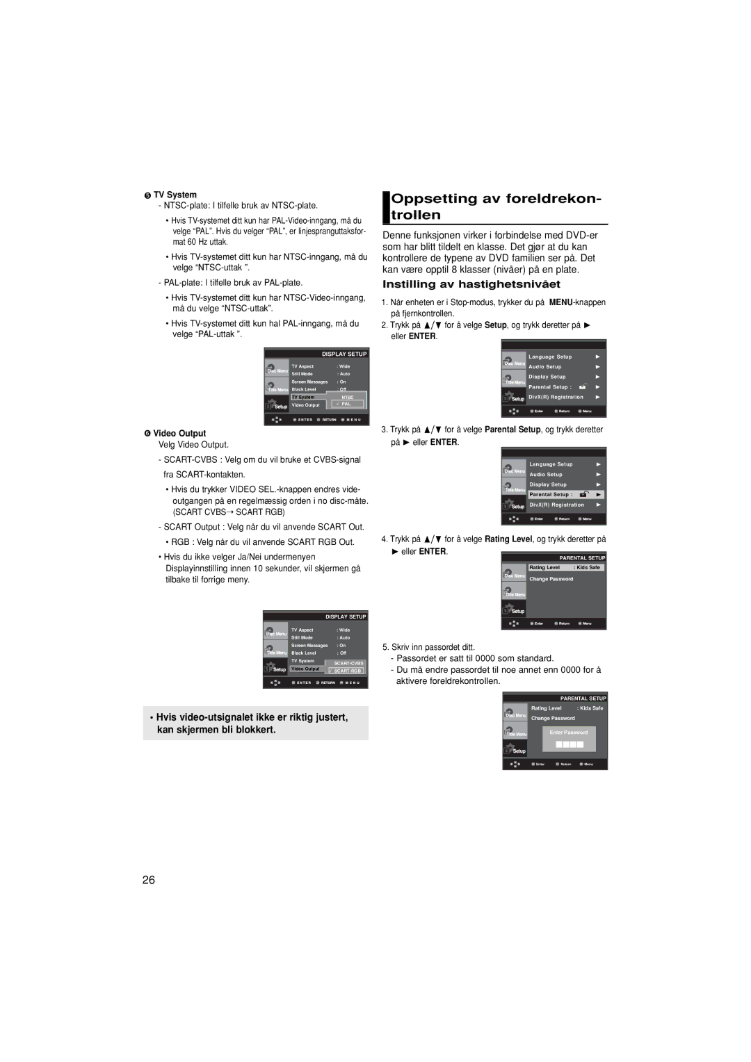 Samsung DVD-P380/XEE manual Oppsetting av foreldrekon- trollen, Instilling av hastighetsnivået 