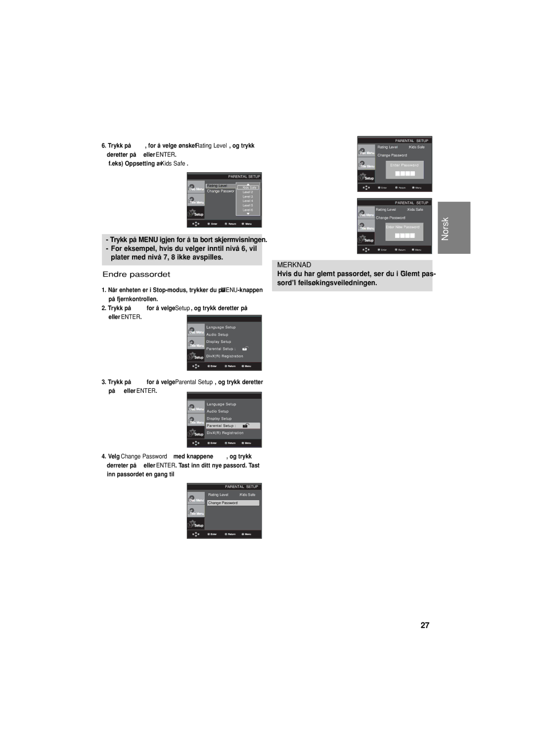 Samsung DVD-P380/XEE manual Endre passordet 