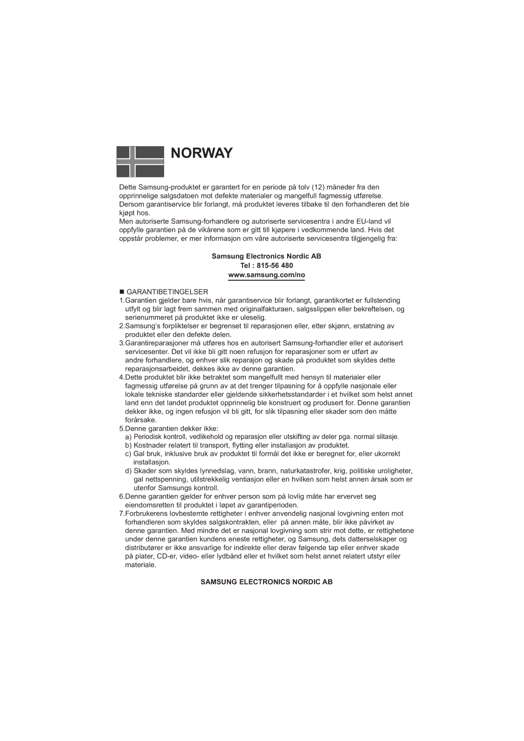 Samsung DVD-P380/XEE manual Norway 