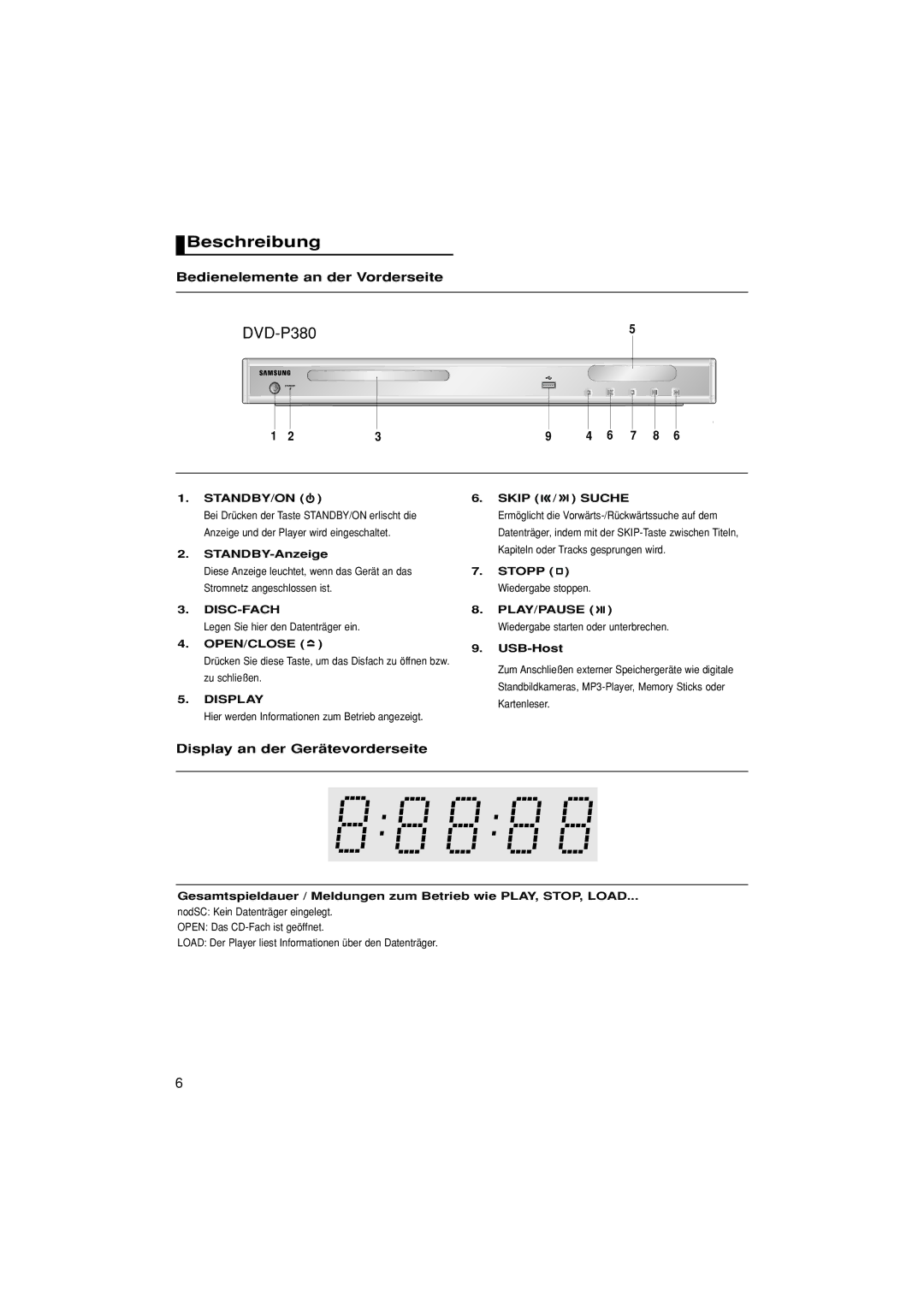 Samsung DVD-P380/XEL, DVD-P380/XET manual Beschreibung, Bedienelemente an der Vorderseite, Display an der Gerätevorderseite 