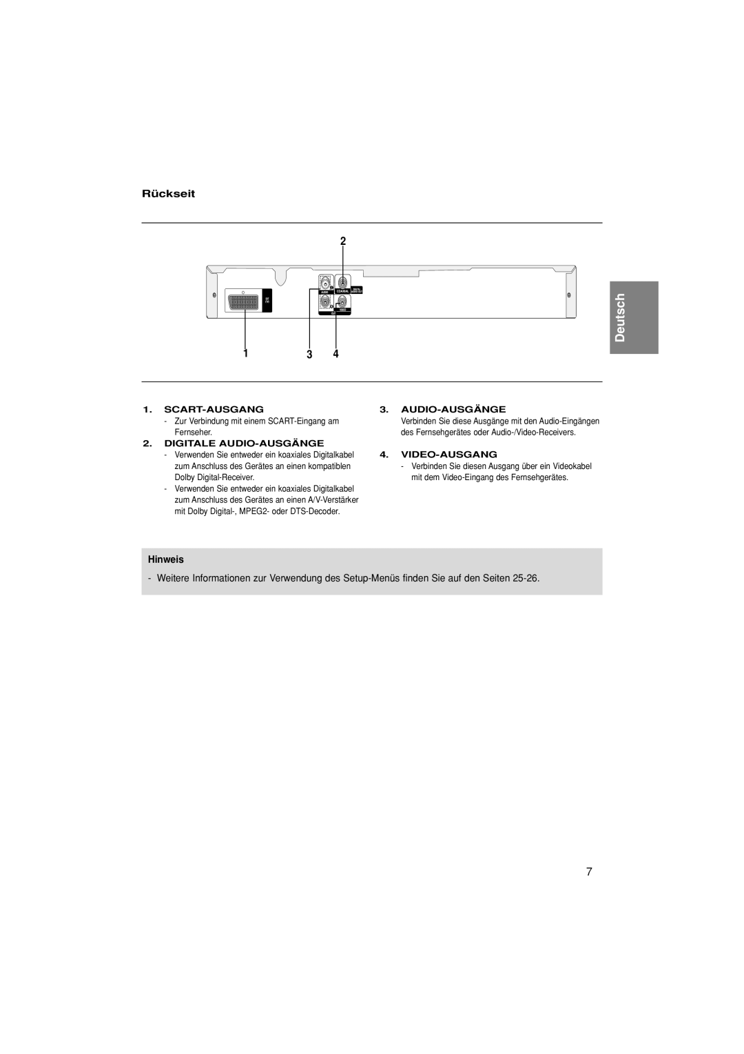 Samsung DVD-P380/XET, DVD-P380/EDC, DVD-P380/XEL Rückseit, Hinweis, Zur Verbindung mit einem SCART-Eingang am Fernseher 