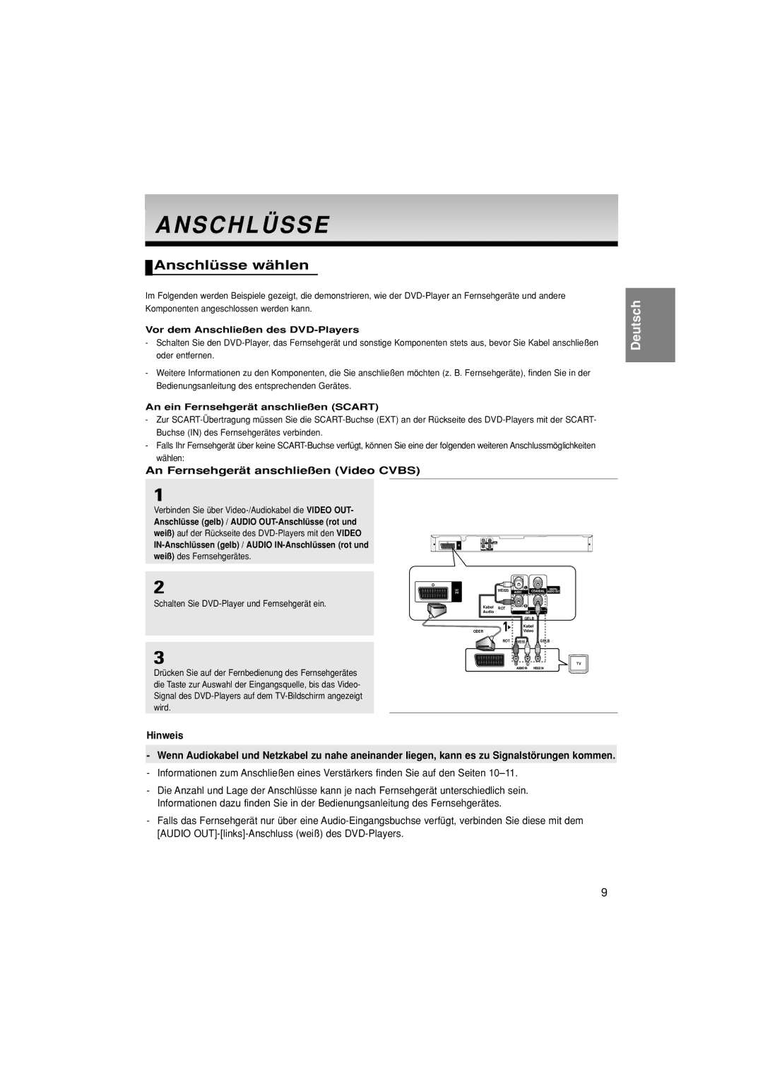 Samsung DVD-P380/XEL, DVD-P380/XET, DVD-P380/EDC manual Anschlüsse wählen, An Fernsehgerät anschließen Video Cvbs 