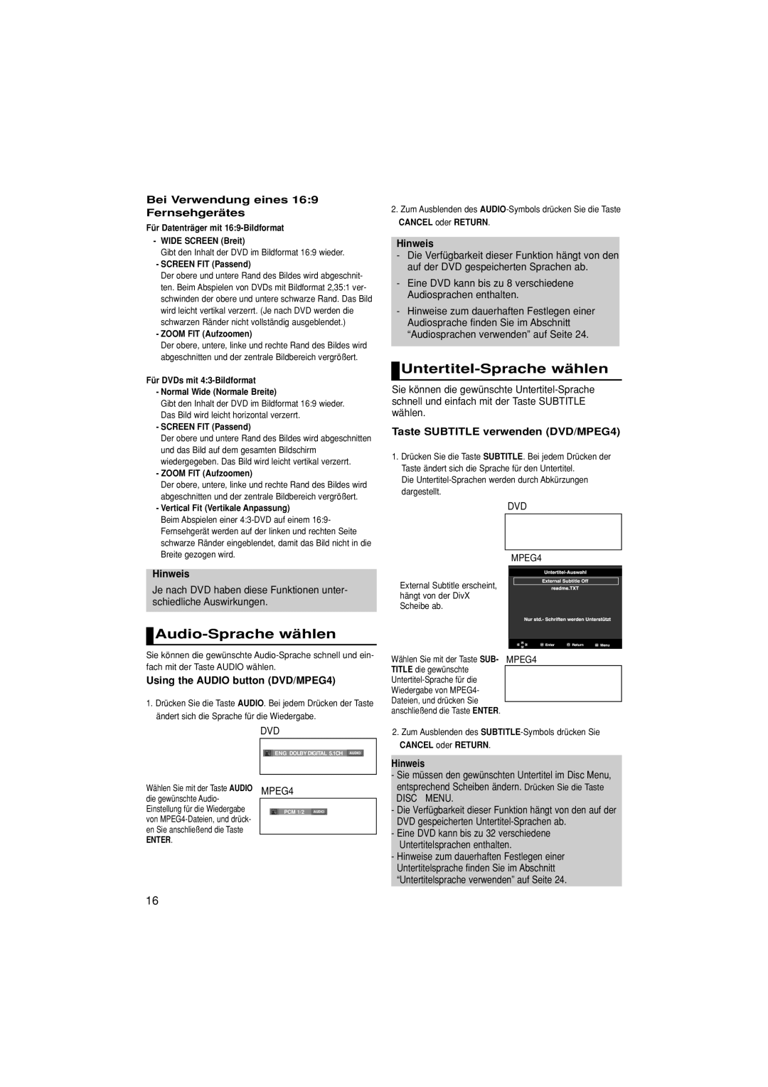 Samsung DVD-P380/XET manual Untertitel-Sprache wählen, Audio-Sprache wählen, Bei Verwendung eines 169 Fernsehgerätes 