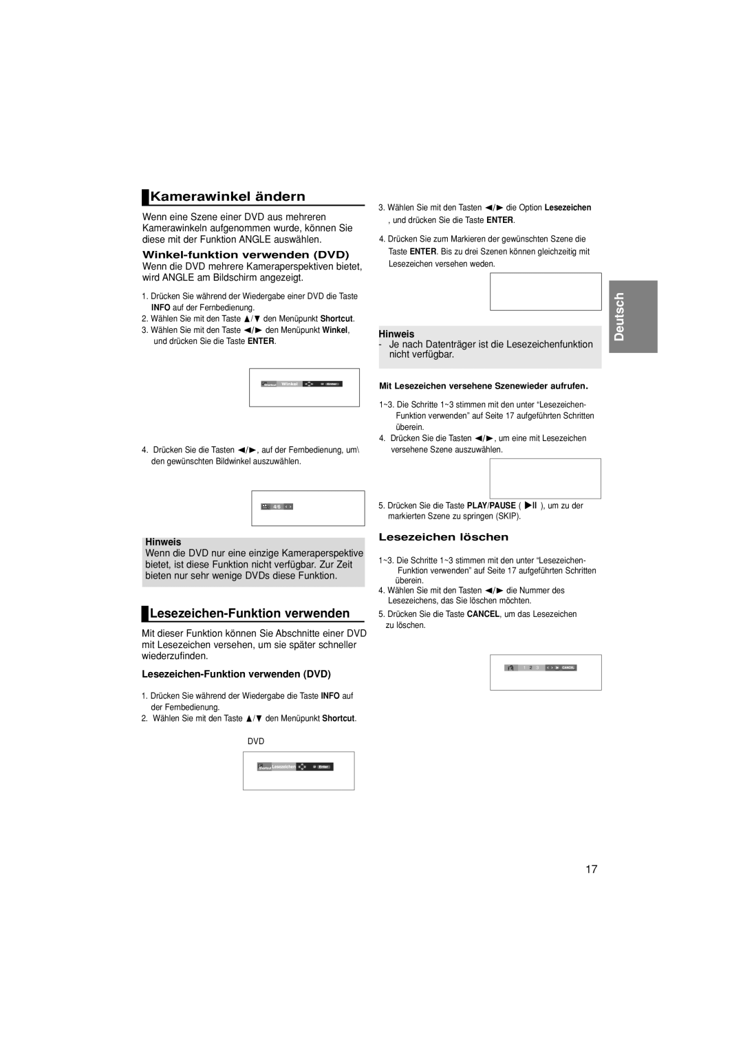 Samsung DVD-P380/EDC, DVD-P380/XET manual Kamerawinkel ändern, Lesezeichen-Funktion verwenden, Winkel-funktion verwenden DVD 