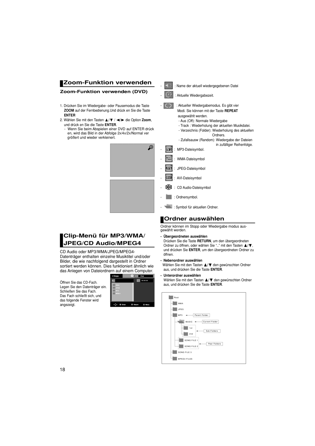 Samsung DVD-P380/XEL, DVD-P380/XET Zoom-Funktion verwenden, Clip-Menü für MP3/WMA/ JPEG/CD Audio/MPEG4, Ordner auswählen 