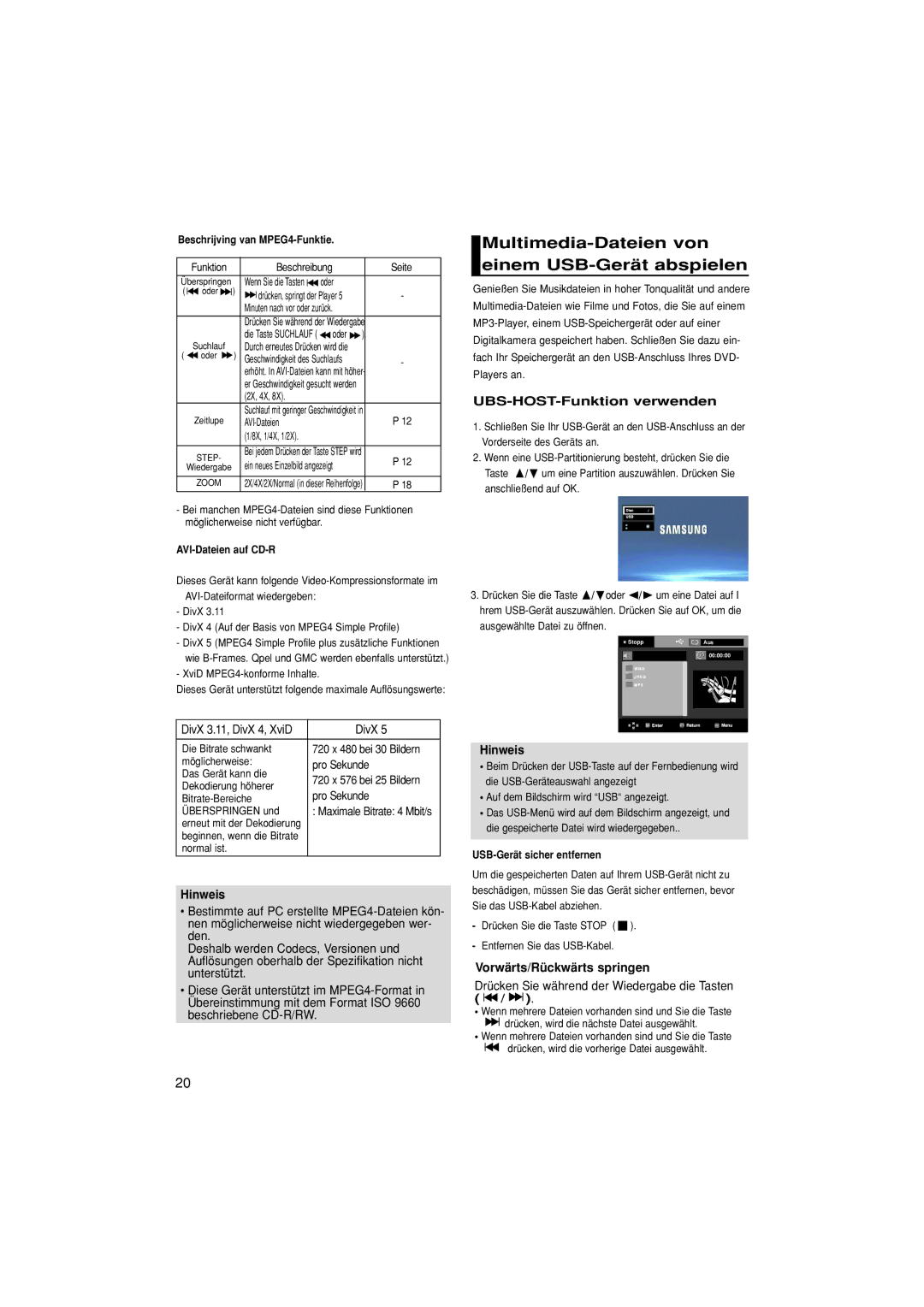 Samsung DVD-P380/EDC, DVD-P380/XET Multimedia-Dateien von einem USB-Gerät abspielen, DivX, UBS-HOST-Funktion verwenden 