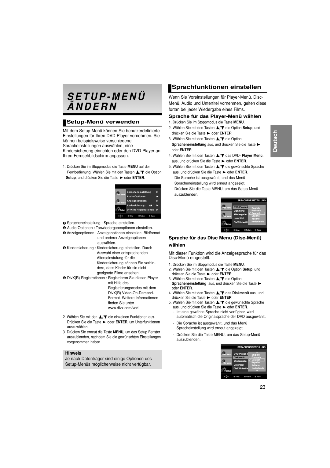 Samsung DVD-P380/EDC, DVD-P380/XET manual Sprachfunktionen einstellen, Wenn Sie Voreinstellungen für Player-Menü, Disc 