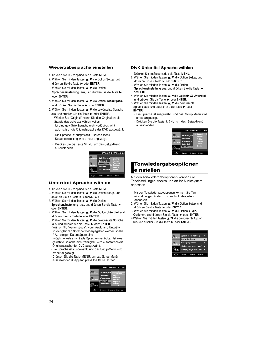 Samsung DVD-P380/XEL manual Tonwiedergabeoptionen einstellen, Wiedergabesprache einstellen, Untertitel-Sprache wählen 