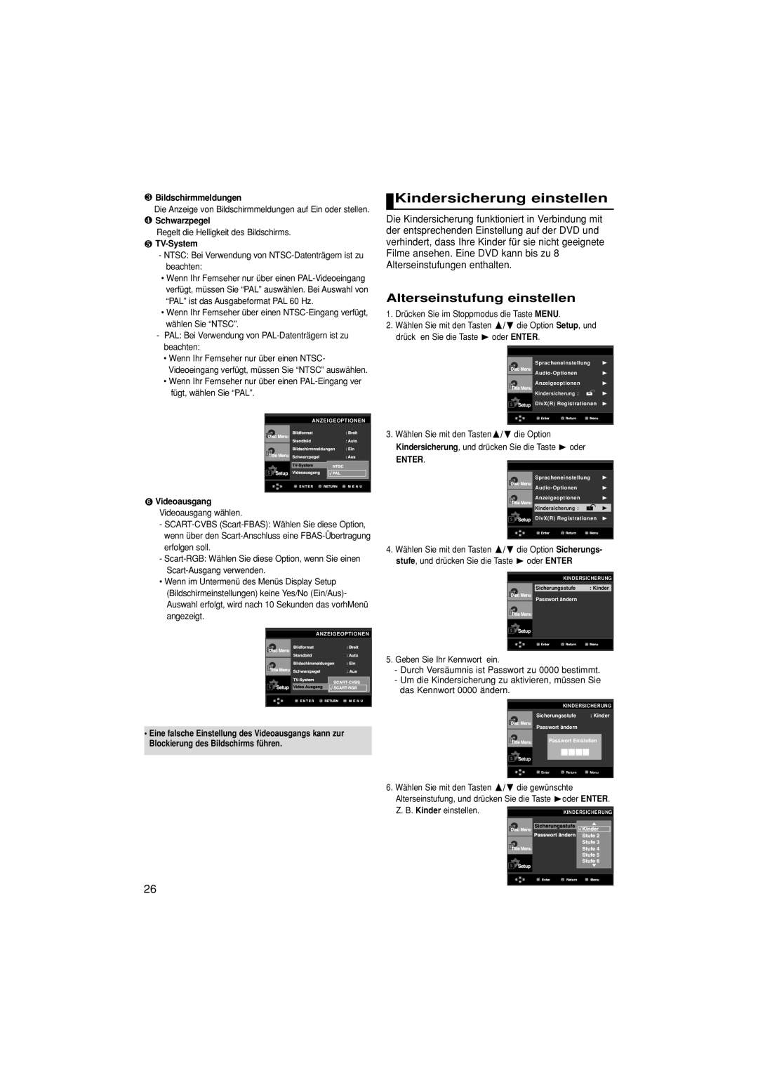 Samsung DVD-P380/EDC, DVD-P380/XET manual Kindersicherung einstellen, ❸ Bildschirmmeldungen, ❹ Schwarzpegel, ❺ TV-System 
