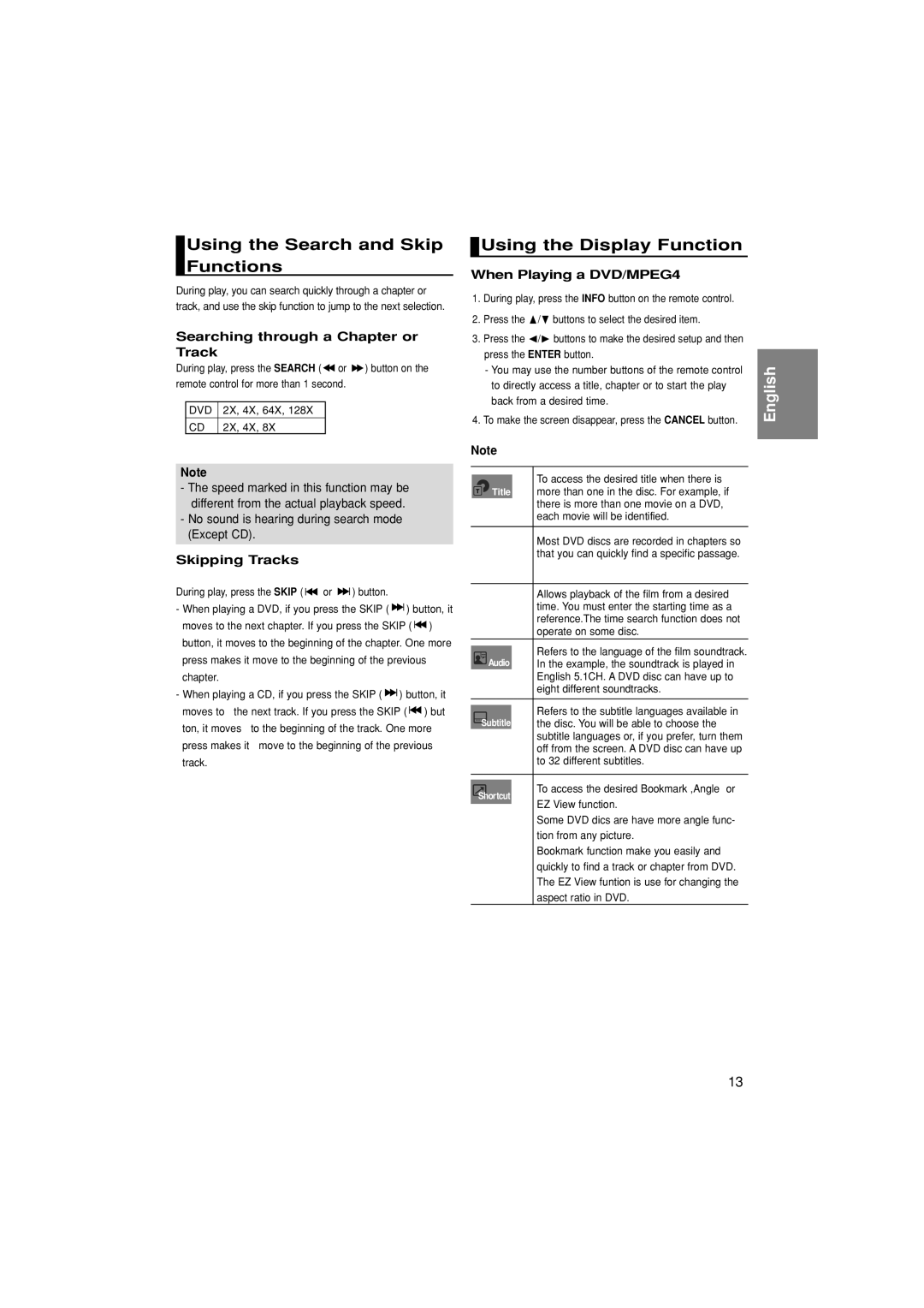 Samsung DVD-P380/EDC Using the Search and Skip Functions, Using the Display Function, Searching through a Chapter or Track 