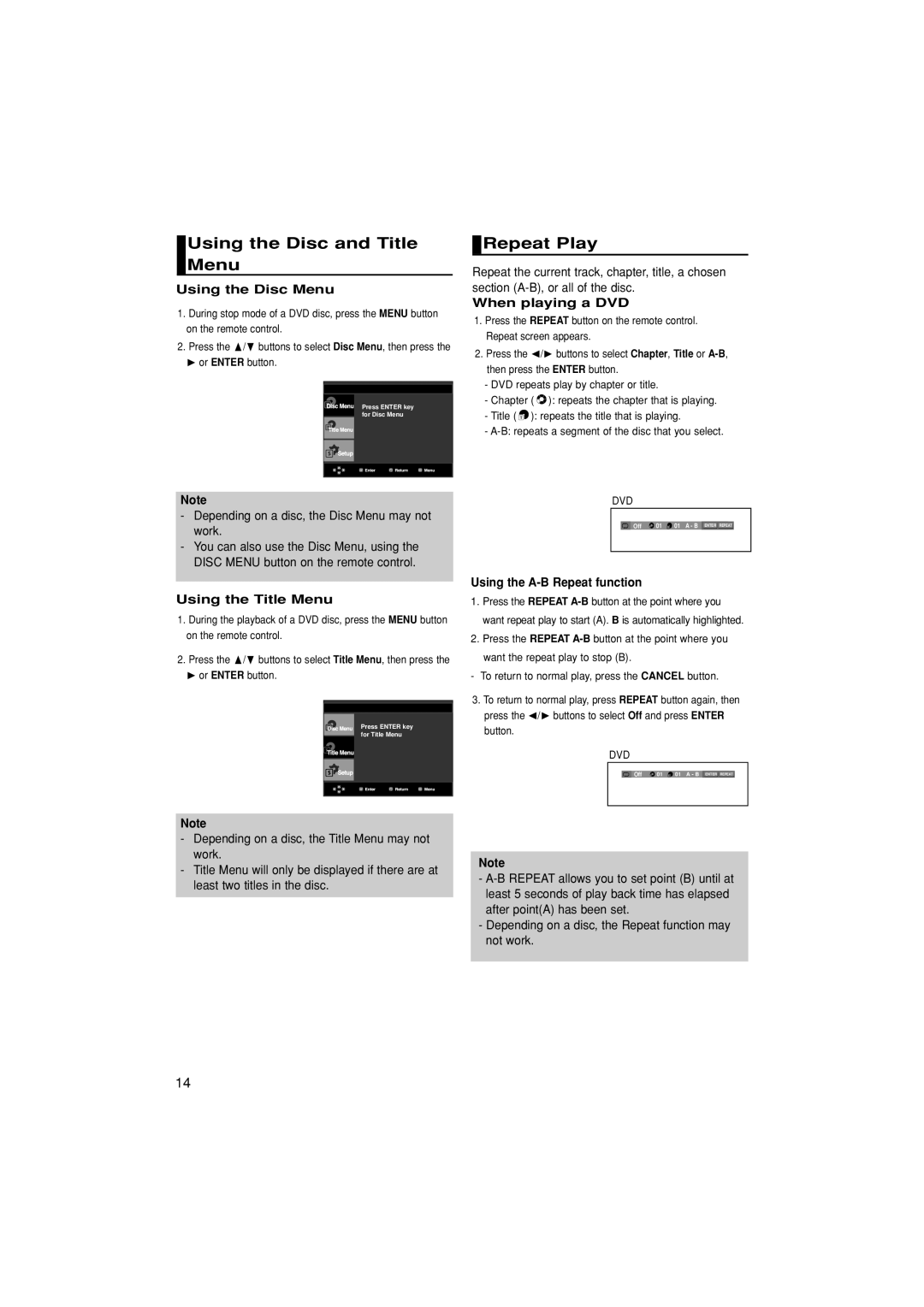 Samsung DVD-P380/XEL, DVD-P380/XET, DVD-P380/EDC manual Using the Disc and Title Menu, Repeat Play 