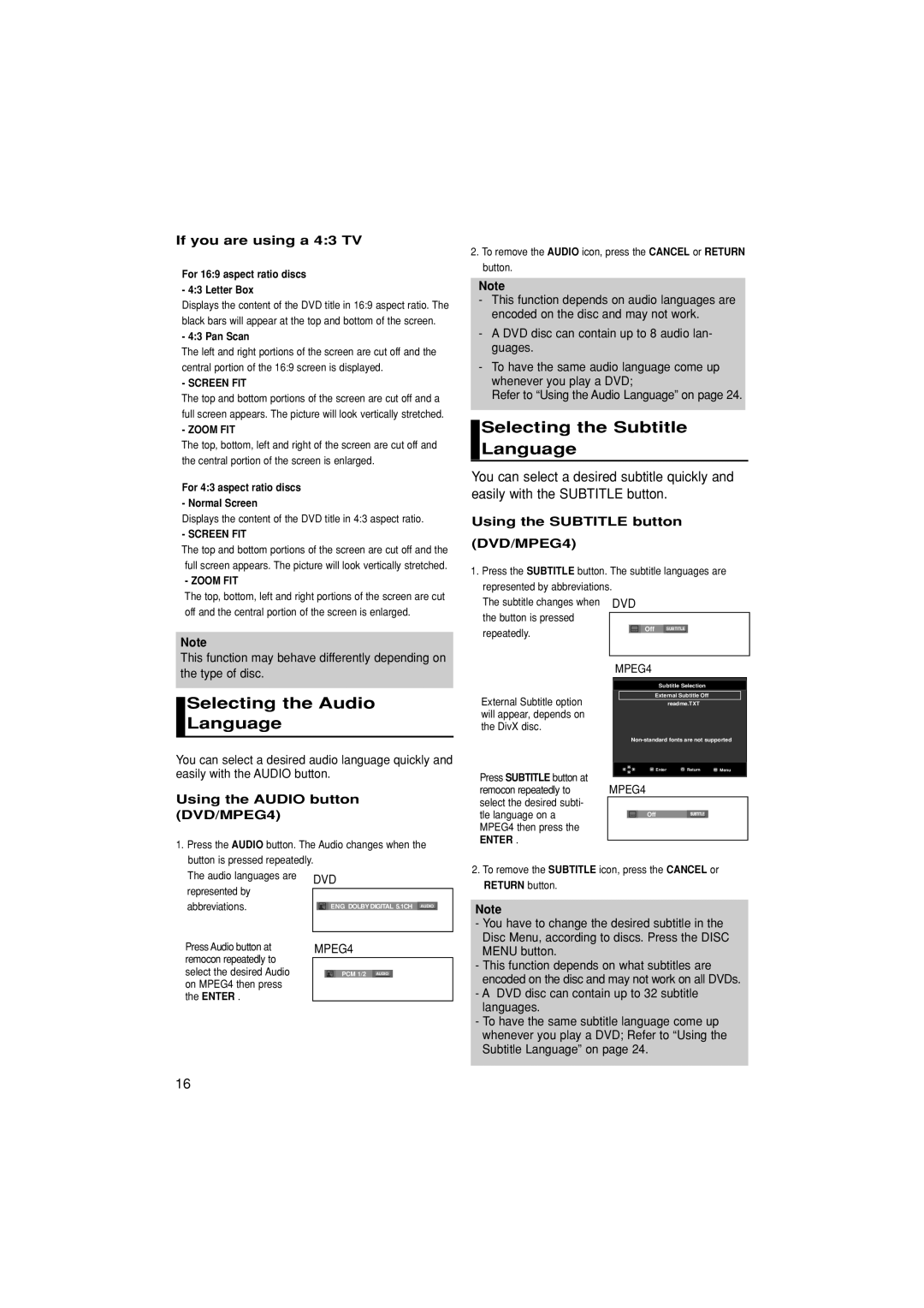 Samsung DVD-P380/EDC, DVD-P380/XET Selecting the Subtitle Language, Selecting the Audio Language, If you are using a 43 TV 