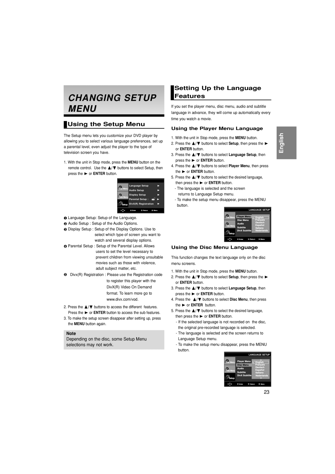 Samsung DVD-P380/XEL, DVD-P380/XET manual Changing Setup Menu, Using the Setup Menu, Setting Up the Language Features 