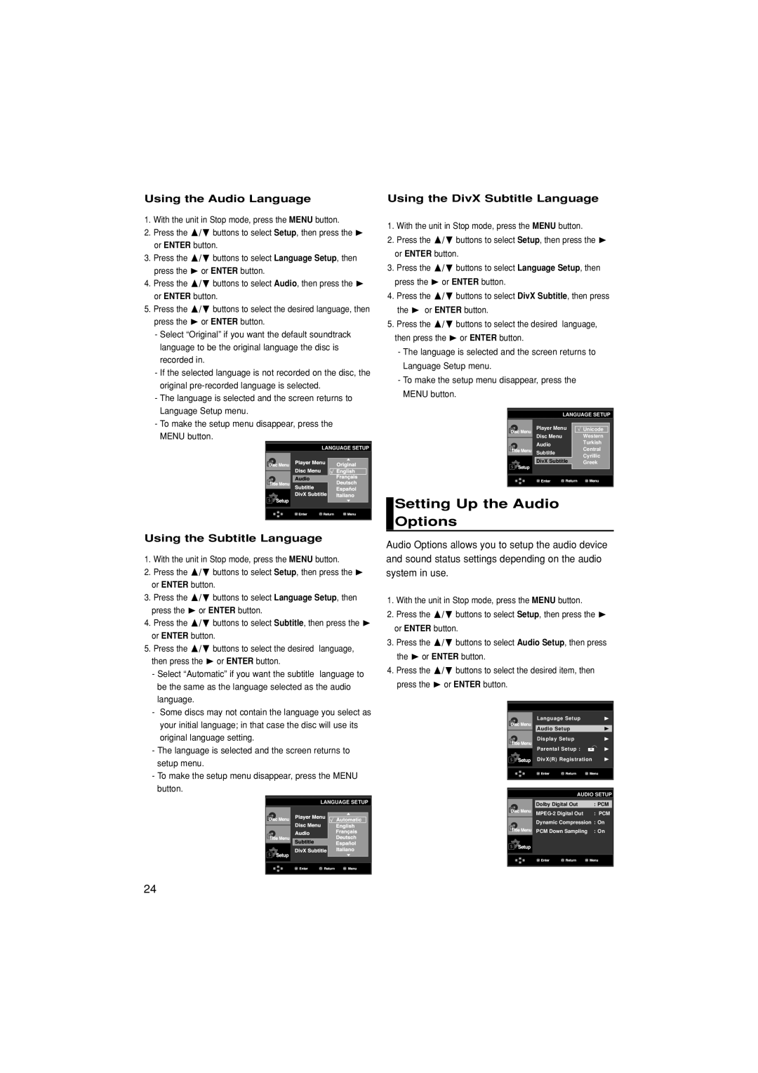 Samsung DVD-P380/XET, DVD-P380/EDC Setting Up the Audio Options, Using the Audio Language, Using the Subtitle Language 