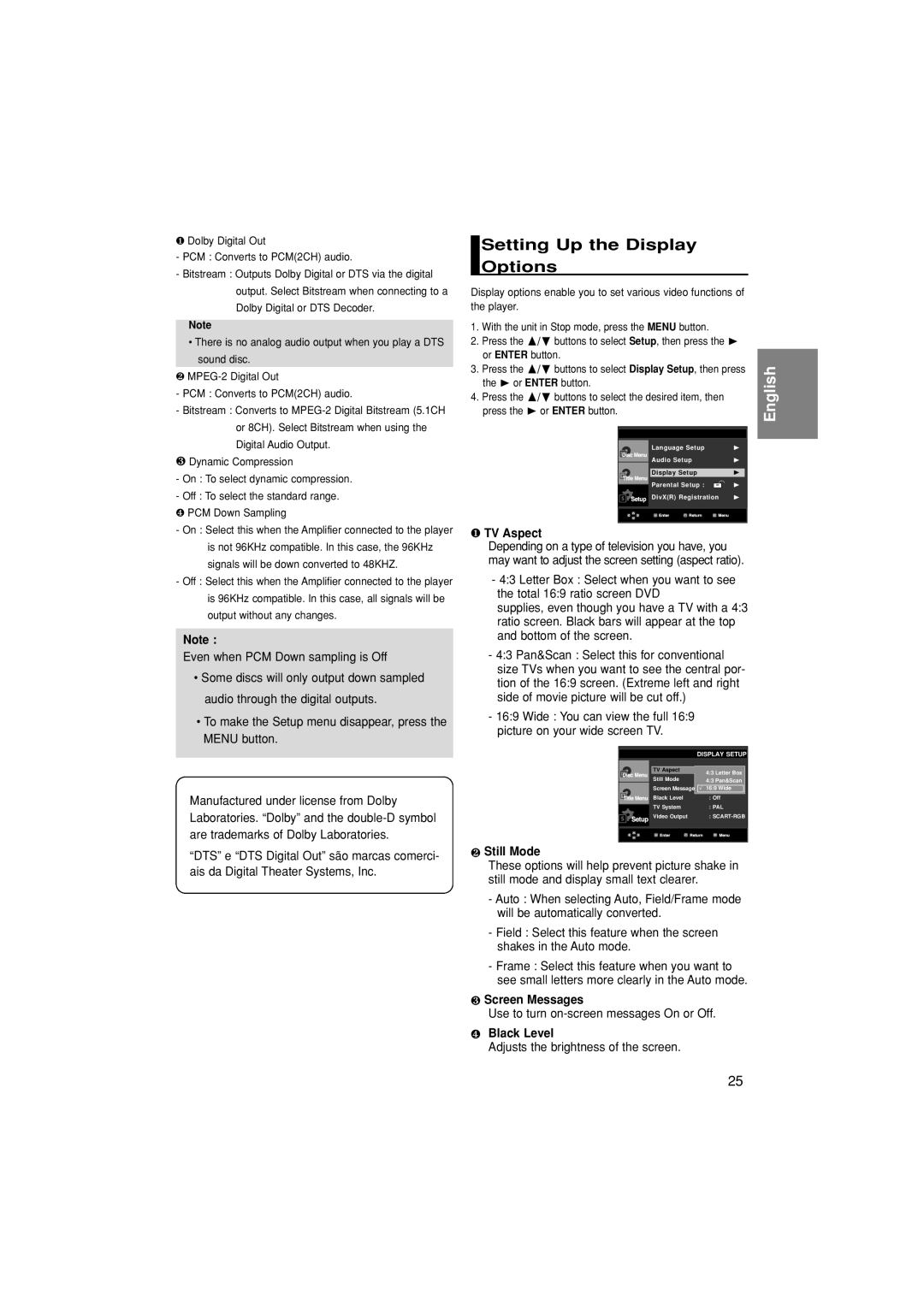 Samsung DVD-P380/EDC manual Setting Up the Display Options, ❶ TV Aspect, ❷ Still Mode, ❸ Screen Messages, ❹ Black Level 