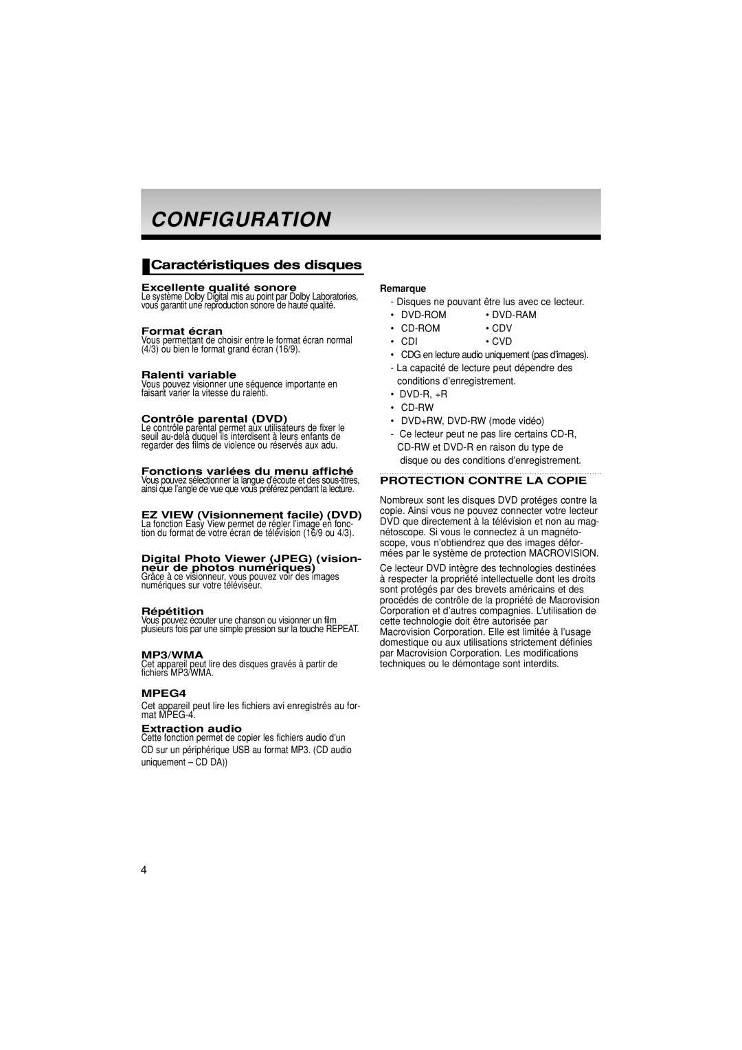 Samsung DVD-P380/XEL, DVD-P380/XET, DVD-P380/EDC manual Configuration, Caractéristiques des disques 