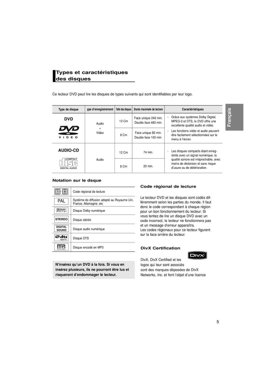 Samsung DVD-P380/XET, DVD-P380/EDC Types et caractéristiques des disques, Notation sur le dsque, Code régional de lecture 