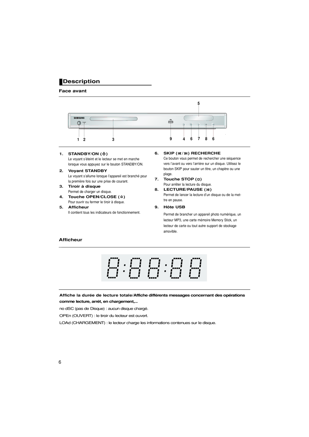 Samsung DVD-P380/EDC, DVD-P380/XET, DVD-P380/XEL manual Face avant, Afficheur 