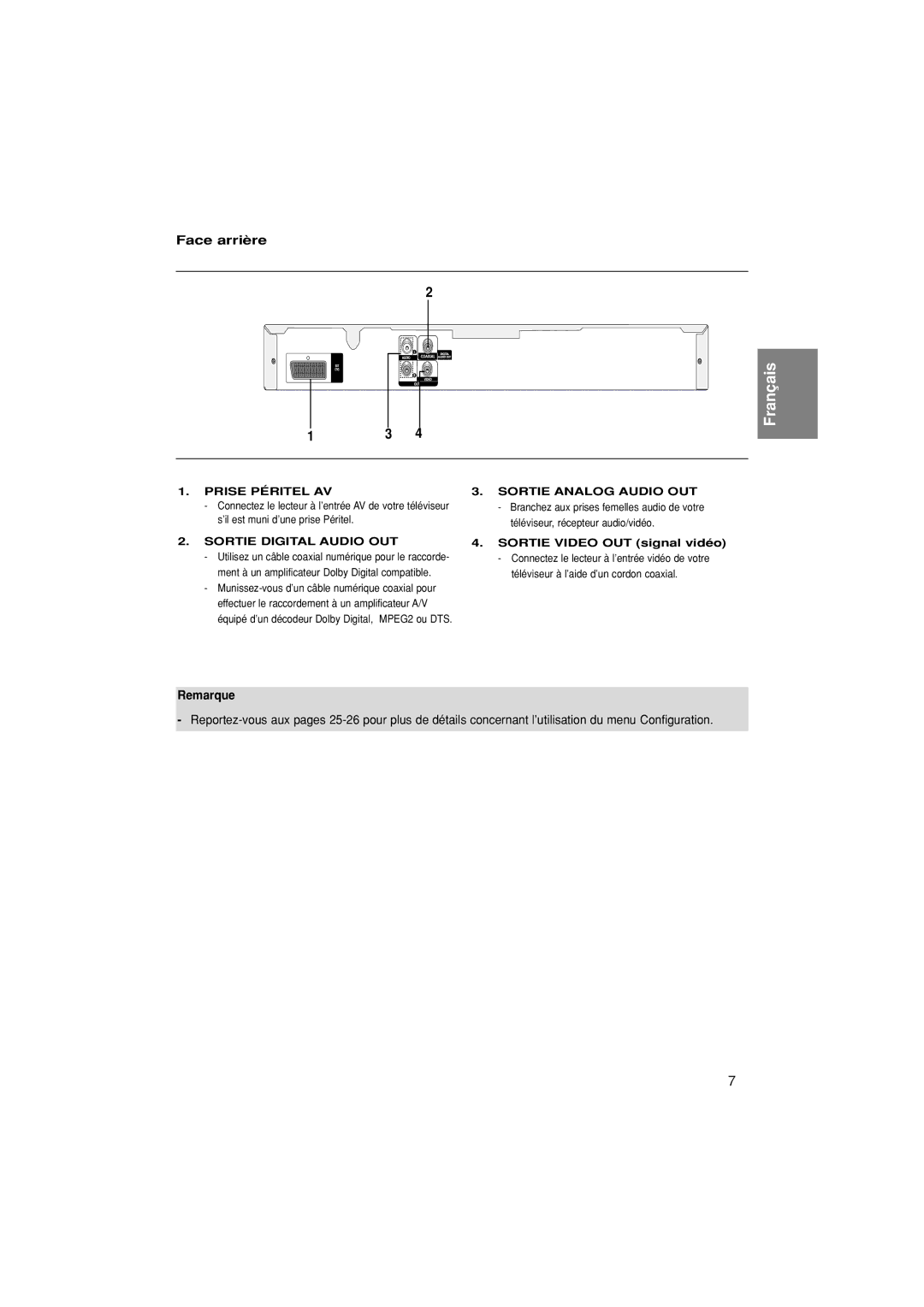 Samsung DVD-P380/XEL, DVD-P380/XET, DVD-P380/EDC manual Face arrière, Sortie Video OUT signal vidéo 