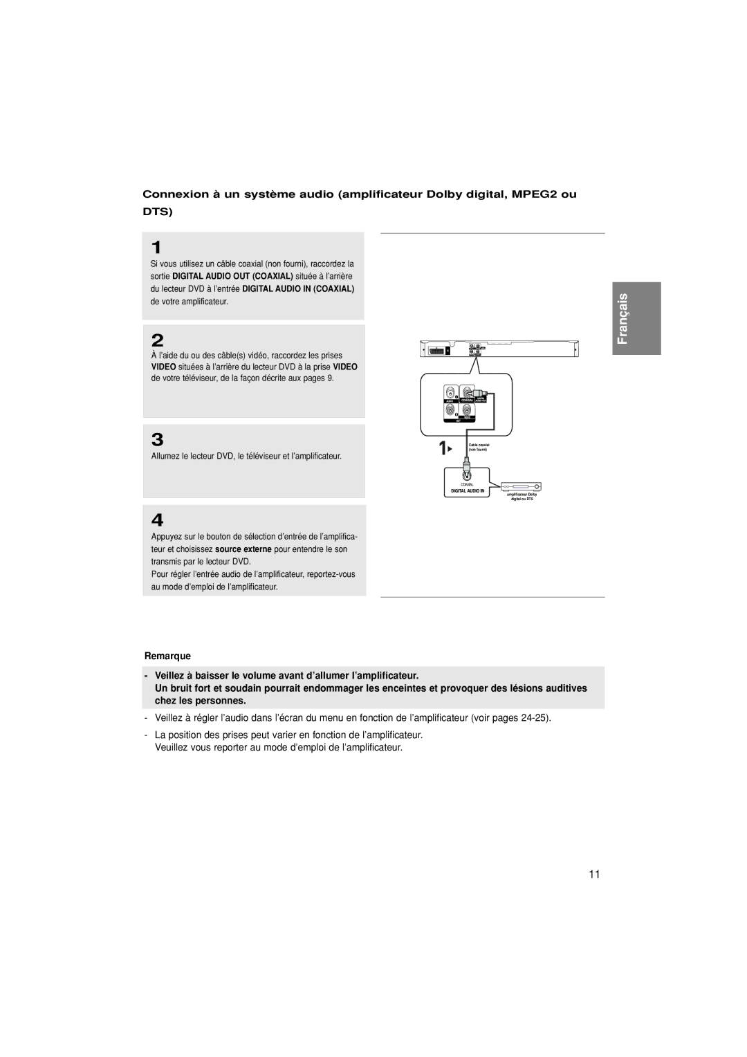 Samsung DVD-P380/XET, DVD-P380/EDC, DVD-P380/XEL manual Dts, Allumez le lecteur DVD, le téléviseur et l’amplificateur 