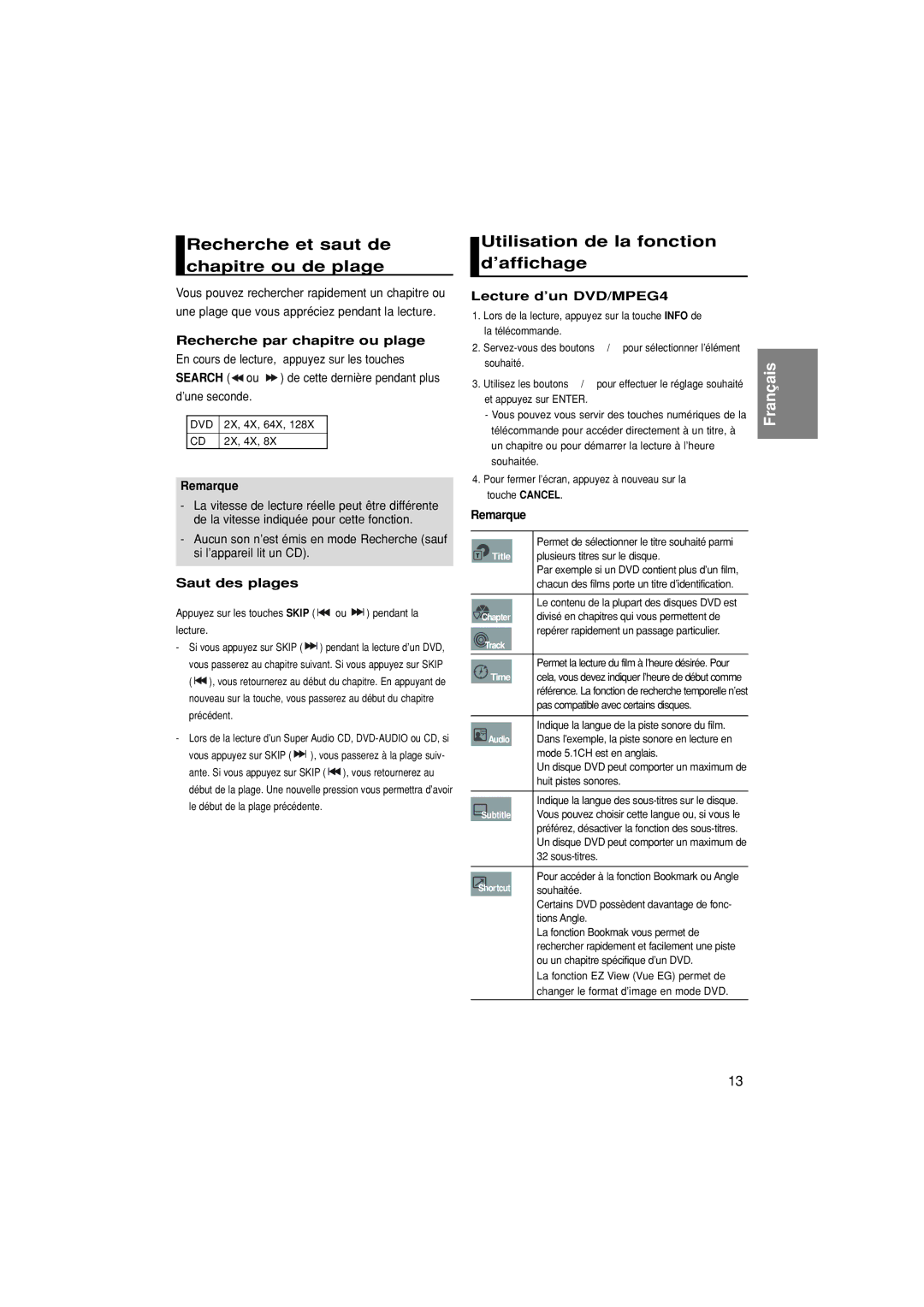 Samsung DVD-P380/XEL Recherche et saut de chapitre ou de plage, Utilisation de la fonction d’affichage, Saut des plages 