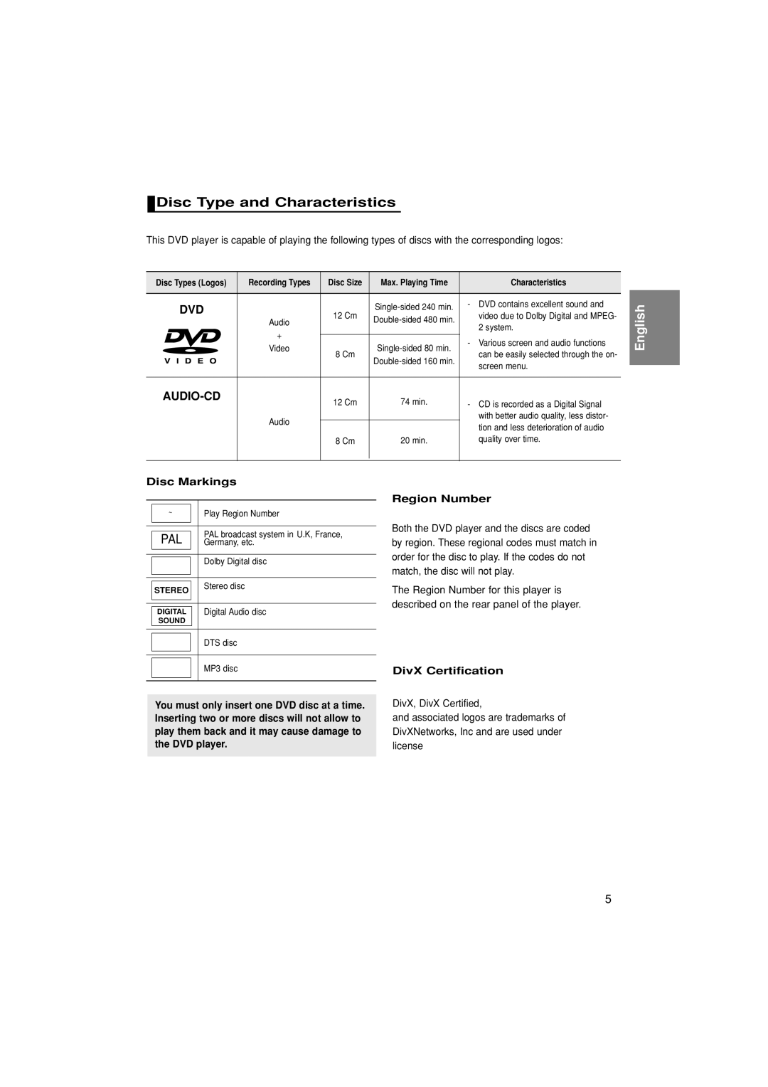 Samsung DVD-P380/XEL, DVD-P380/XET, DVD-P380/EDC manual Disc Type and Characteristics, Disc Markings, DivX Certification 