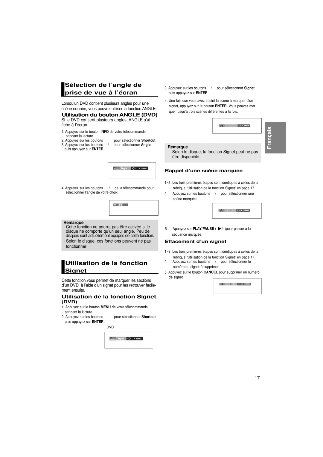 Samsung DVD-P380/XET, DVD-P380/EDC manual Sélection de l’angle de prise de vue à l’écran, Utilisation de la fonction Signet 