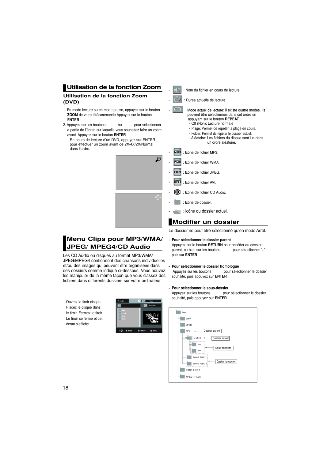 Samsung DVD-P380/EDC Utilisation de la fonction Zoom, Menu Clips pour MP3/WMA/ JPEG/ MPEG4/CD Audio, Modifier un dossier 