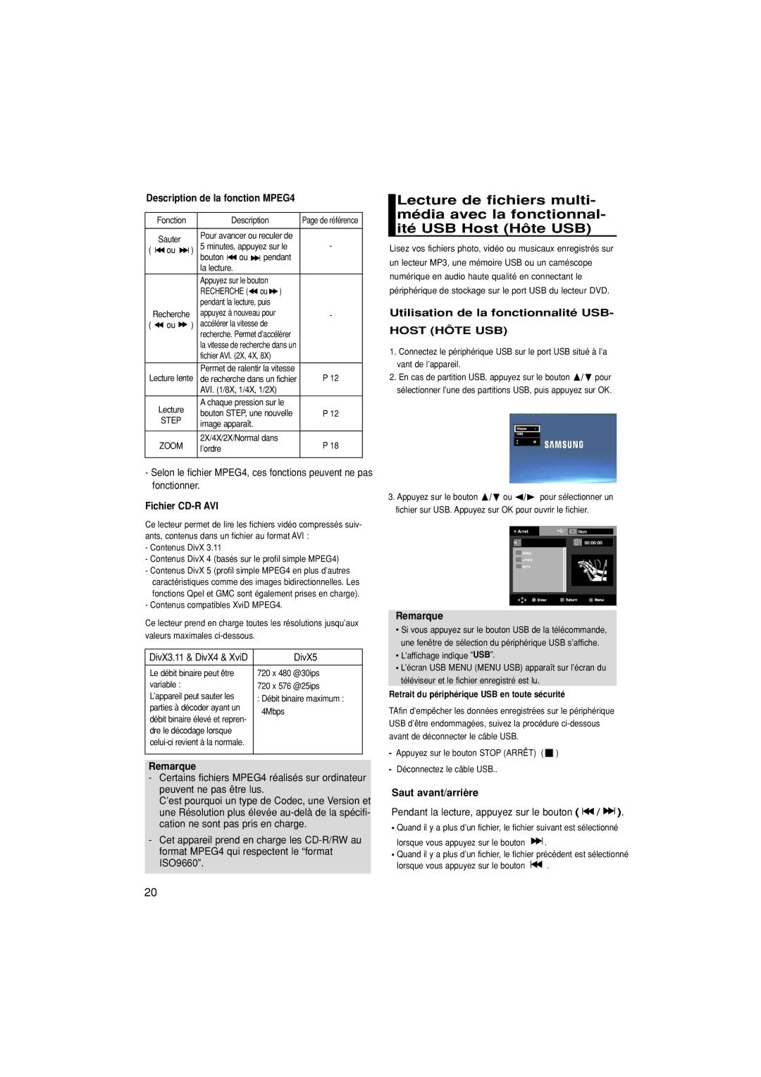 Samsung DVD-P380/XET manual Description de la fonction MPEG4, Fichier CD-R AVI, Utilisation de la fonctionnalité USB 