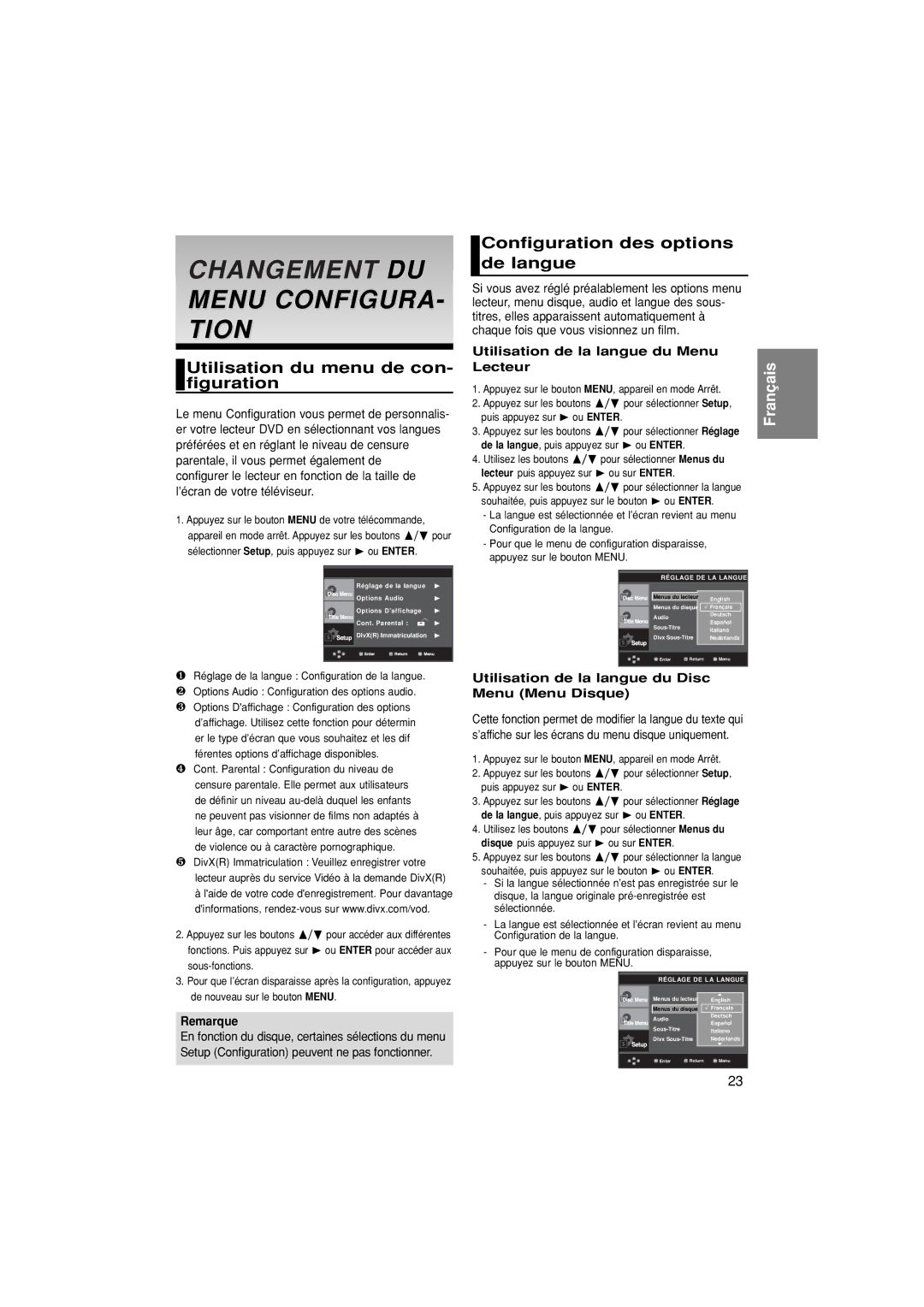 Samsung DVD-P380/XET, DVD-P380/EDC manual Utilisation du menu de con- figuration, Configuration des options de langue 