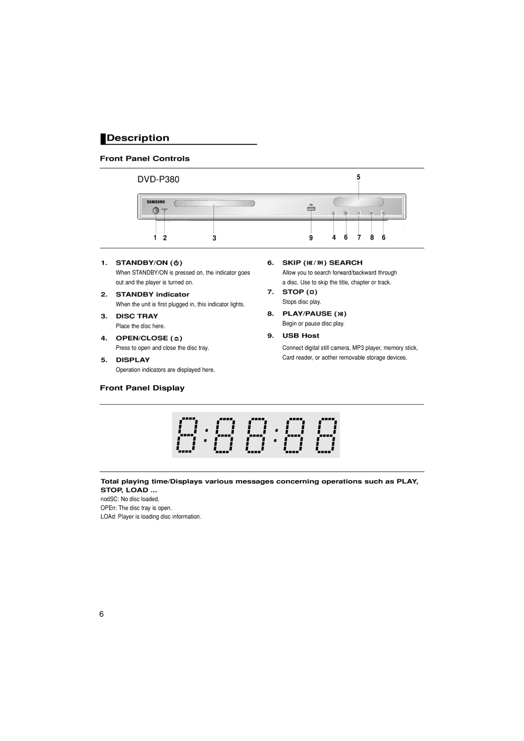 Samsung DVD-P380/XET, DVD-P380/EDC, DVD-P380/XEL manual Description, Front Panel Controls, Front Panel Display 