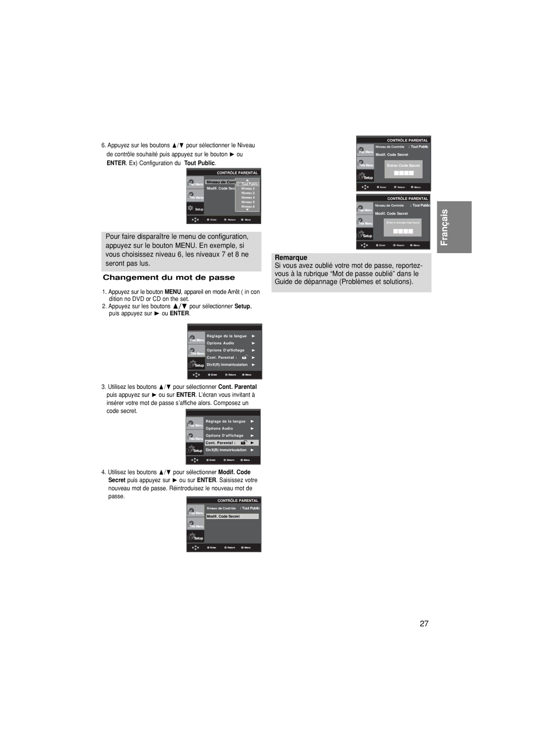 Samsung DVD-P380/EDC, DVD-P380/XET, DVD-P380/XEL manual Changement du mot de passe 