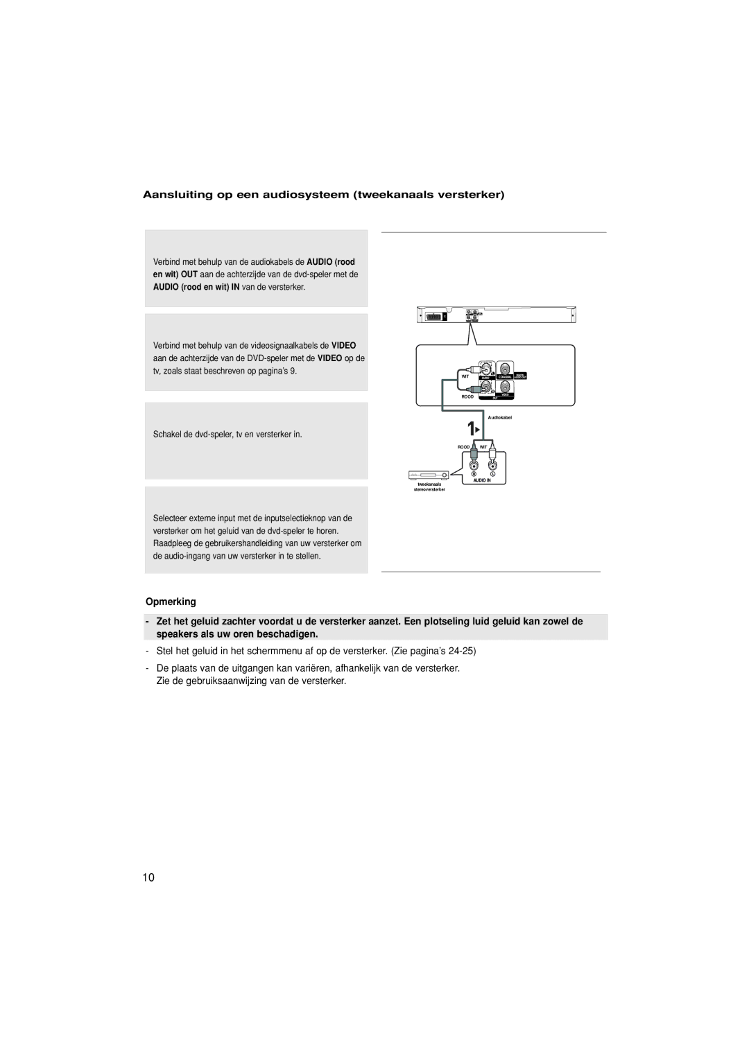 Samsung DVD-P380/XEL manual Aansluiting op een audiosysteem tweekanaals versterker, Schakel de dvd-speler, tv en versterker 