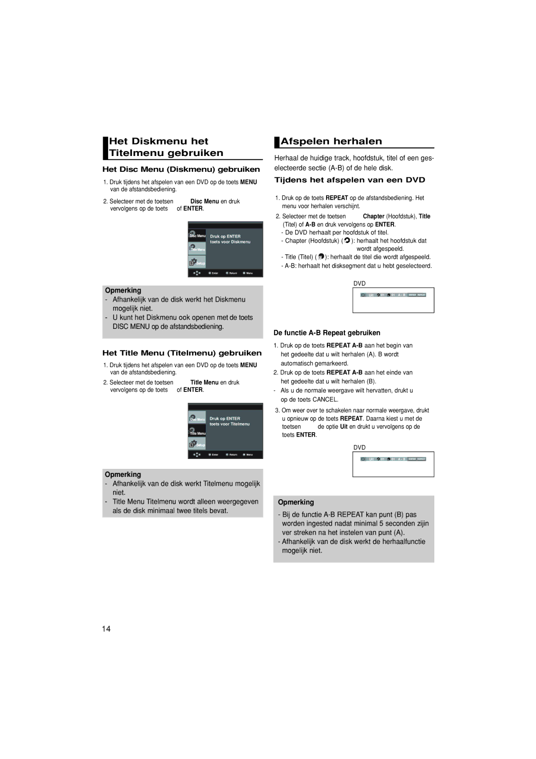 Samsung DVD-P380/XET, DVD-P380/EDC, DVD-P380/XEL manual Het Diskmenu het Titelmenu gebruiken, Afspelen herhalen 